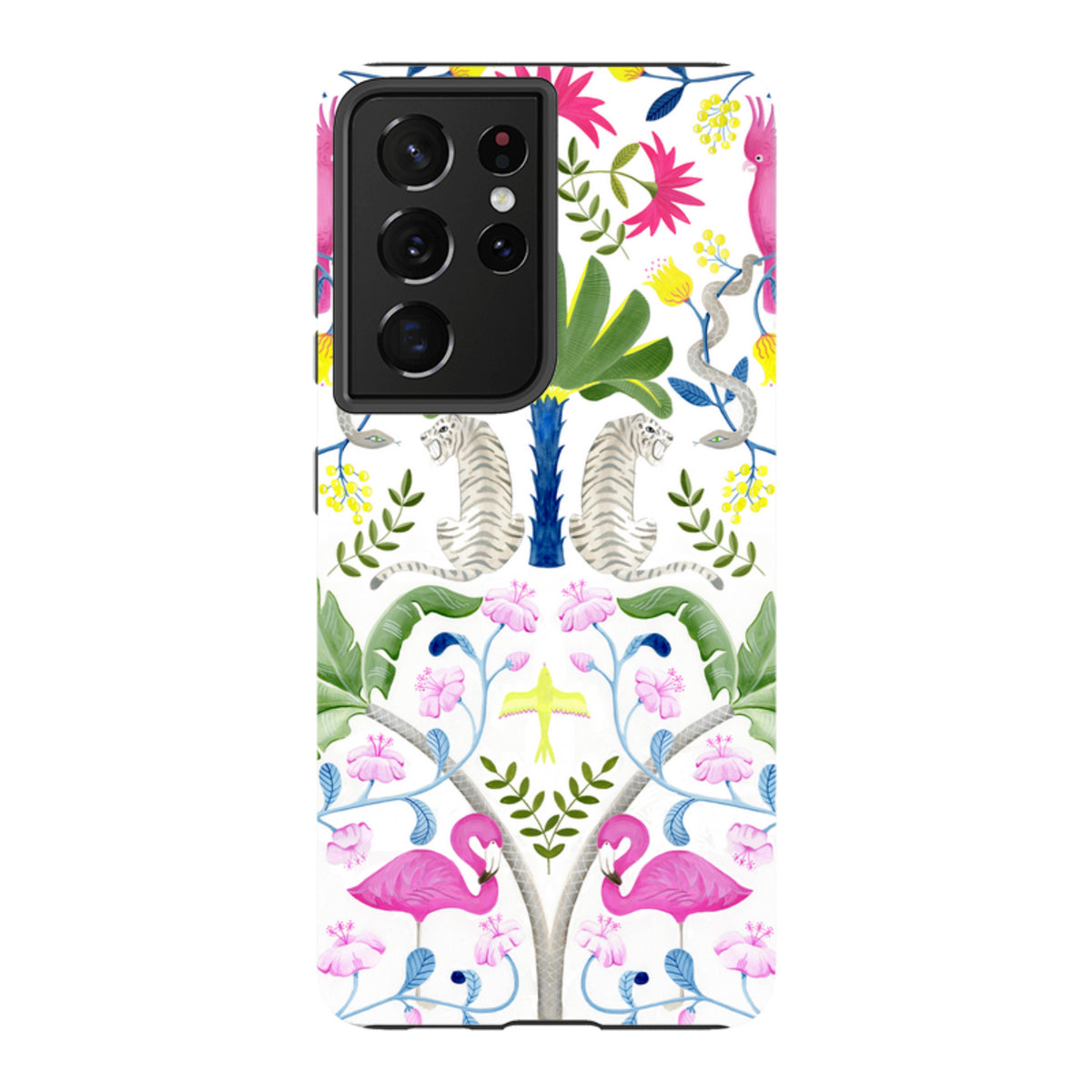Samsung Tough Case featuring a vibrant Bex Parkin animal print with tigers, flamingos, and tropical flora on white.