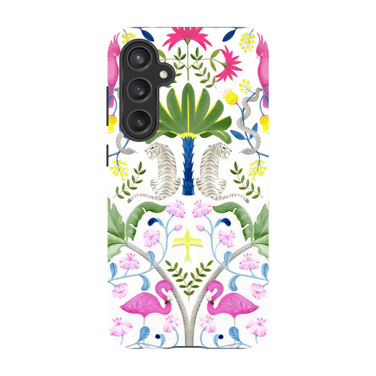 Samsung Tough Case featuring a vibrant, high-definition animal and tropical floral pattern with white tigers and flamingos.