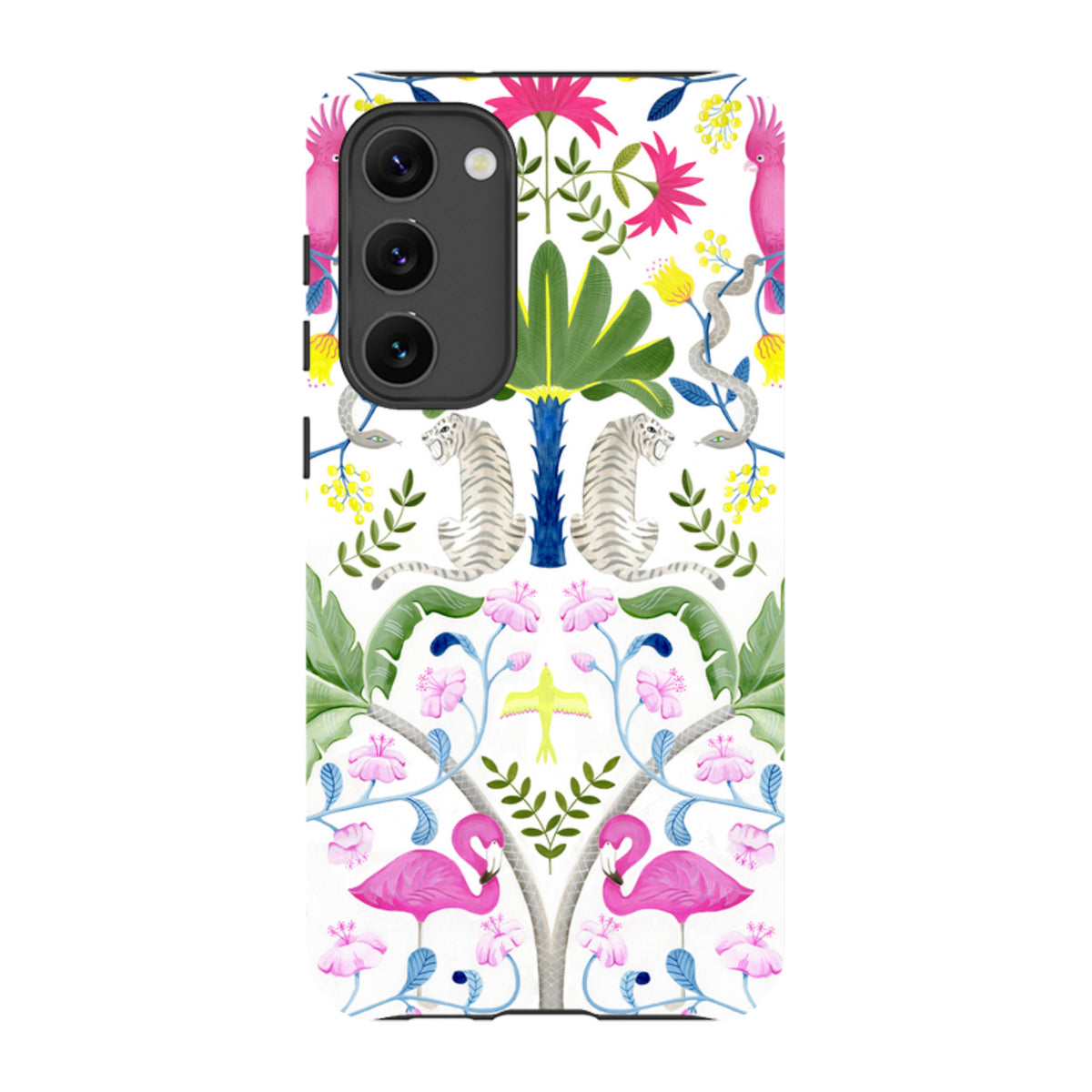 Samsung Tough Case featuring a vibrant jungle animal pattern with tigers, flamingos, and tropical plants on white.