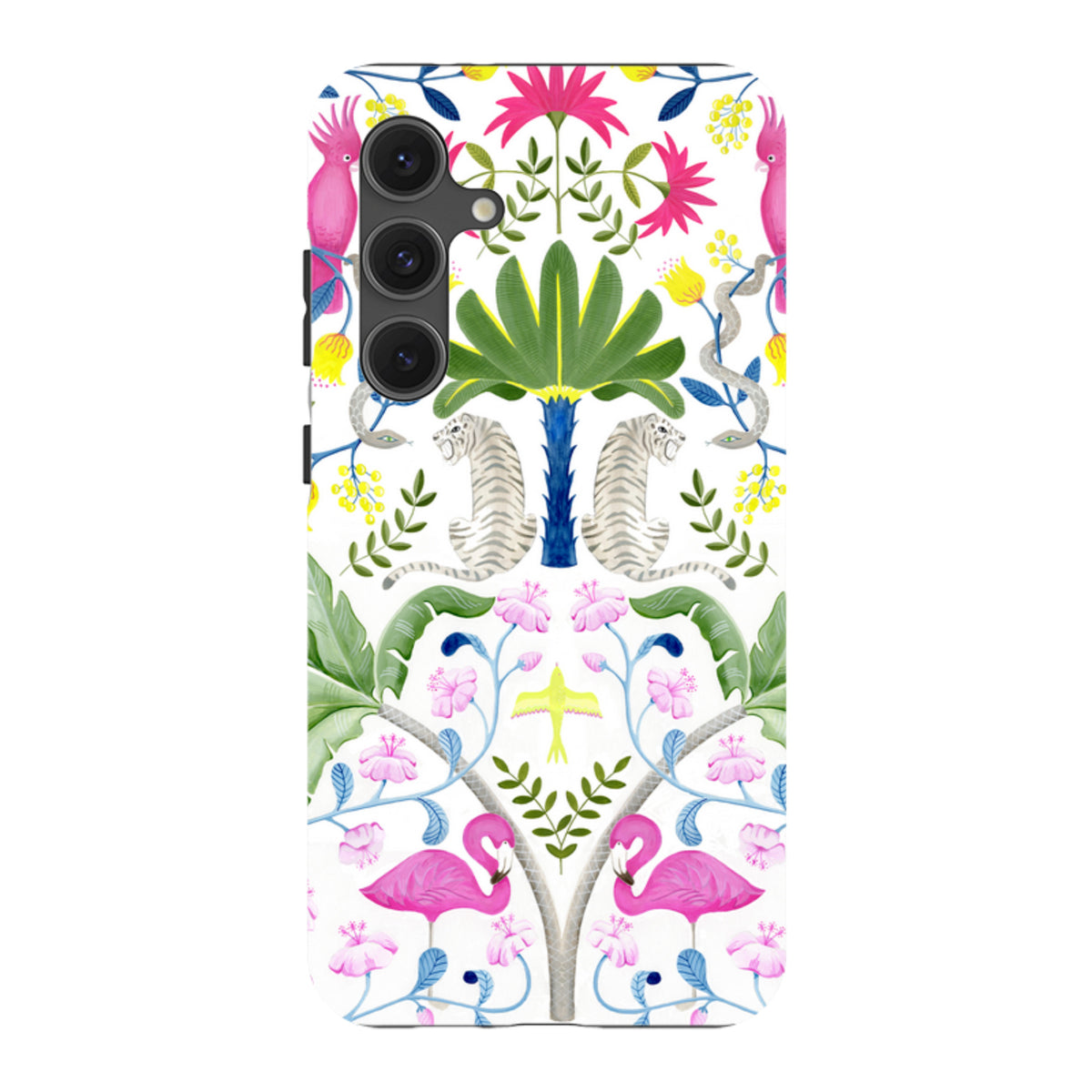 Samsung Tough Case featuring a vibrant, high-definition animal and tropical floral pattern on a white background.