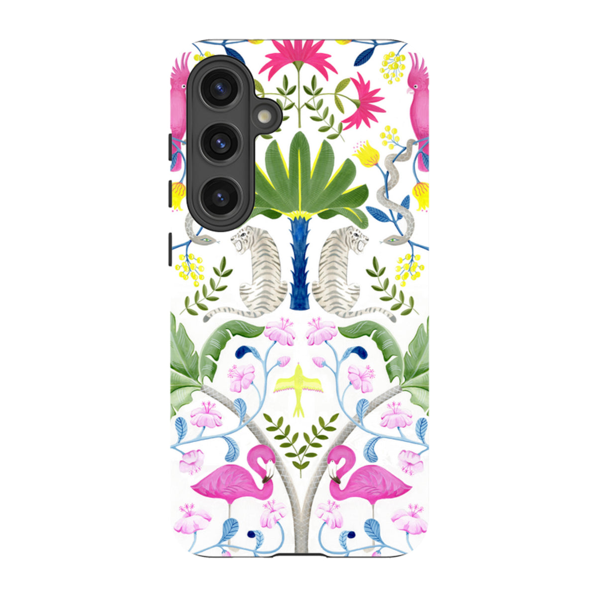 Samsung Tough Case featuring a vibrant, symmetrical jungle animal pattern with tigers, flamingos, and tropical plants.