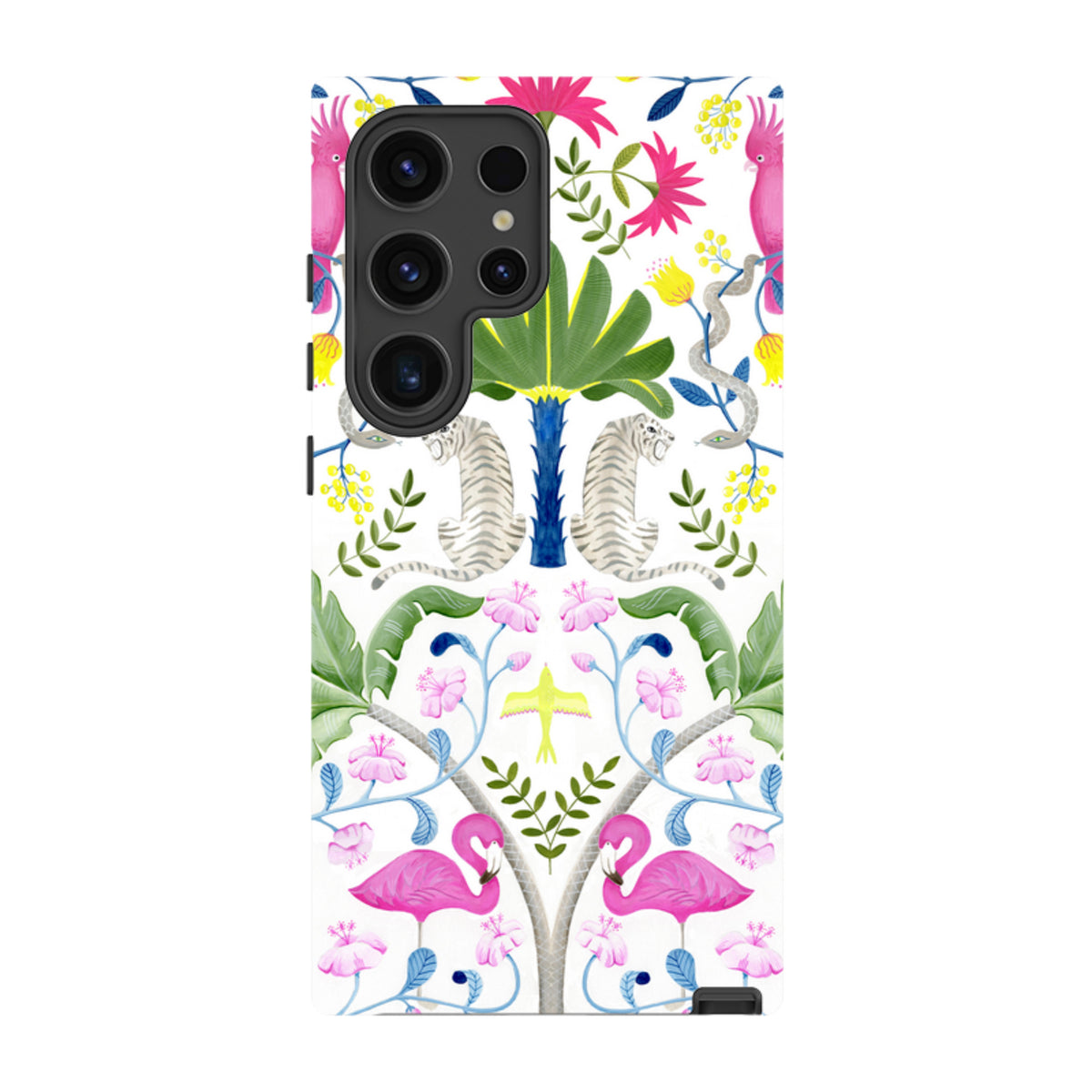 Samsung Galaxy tough case featuring a colorful Bex Parkin animal pattern with tigers, flamingos, and tropical foliage.