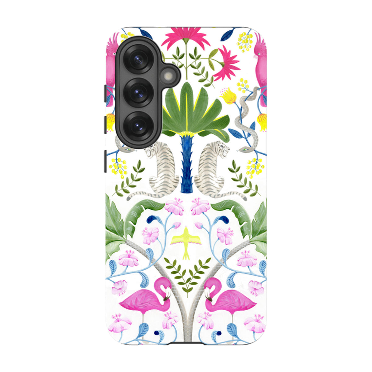Samsung Tough Case featuring a vibrant Bex Parkin animal pattern with tigers, flamingos, and tropical flora on white.