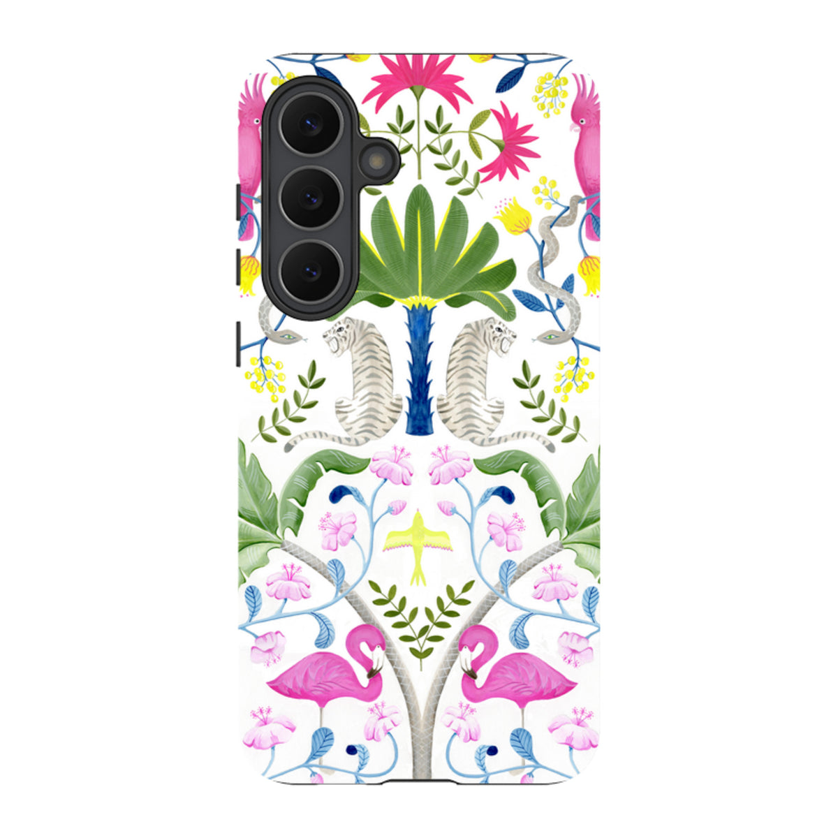 Samsung Tough Case featuring a vibrant, high-definition jungle animal pattern with tigers, flamingos, and tropical flora.