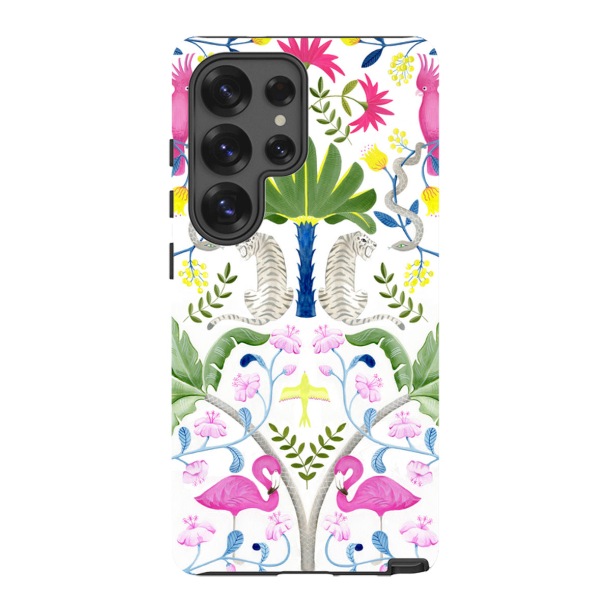 Samsung Tough Case featuring a vibrant jungle animal pattern with tigers, flamingos, and tropical flowers on white.