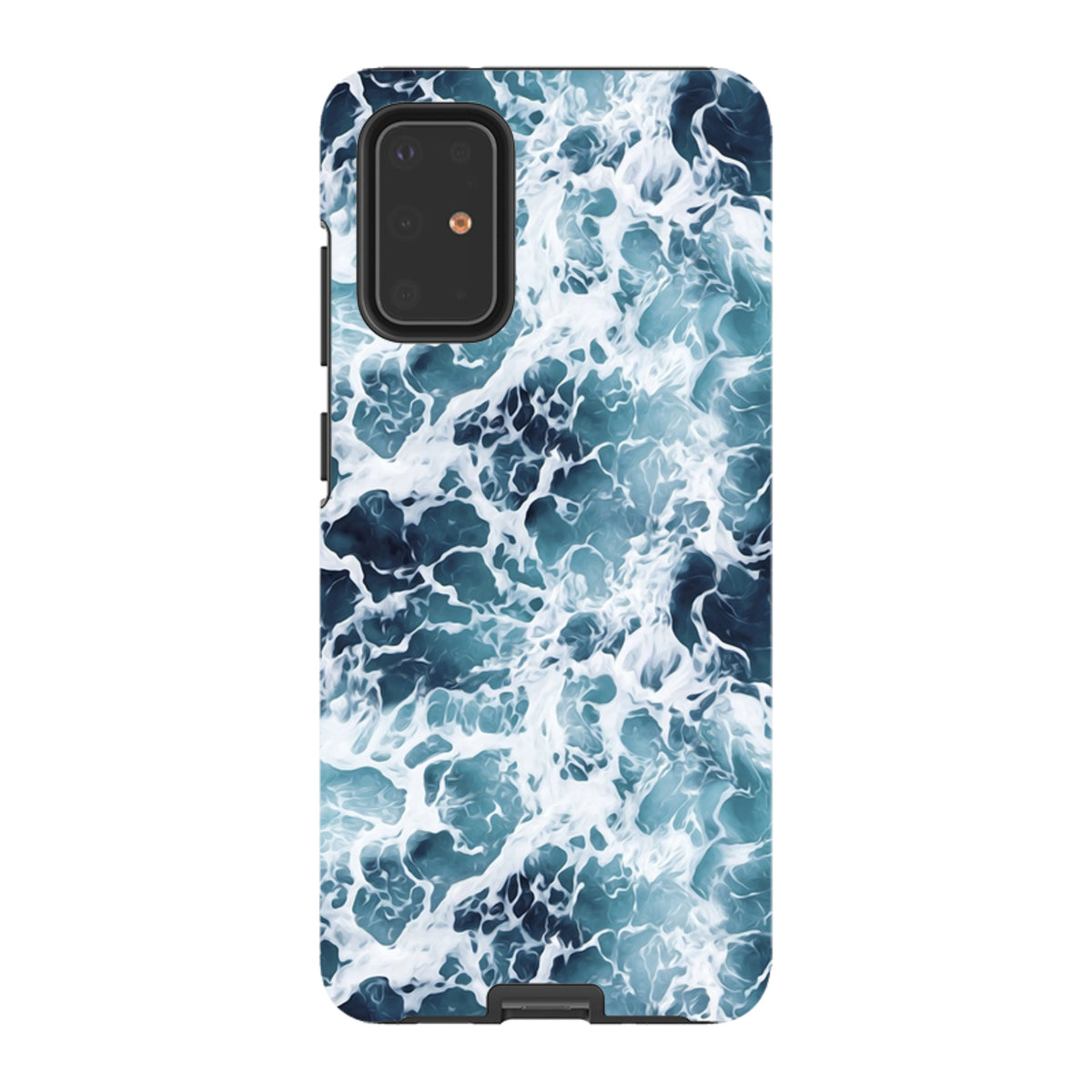 Samsung Tough Case in Aqua featuring a high-definition, dual-layer design with a vibrant blue ocean wave pattern.
