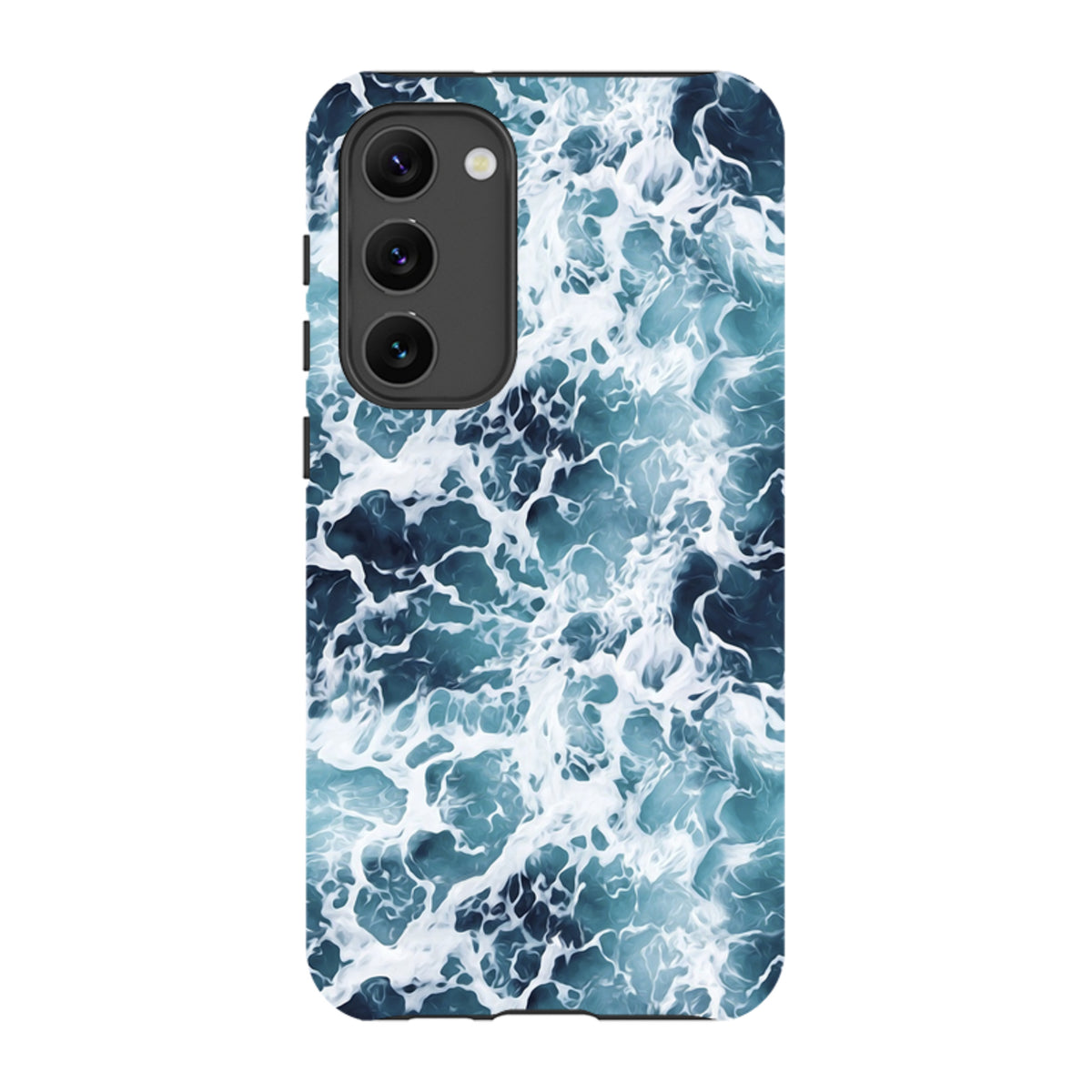 Samsung Tough Case in Aqua with a high-definition, dual-layer design featuring swirling blue and white ocean waves.