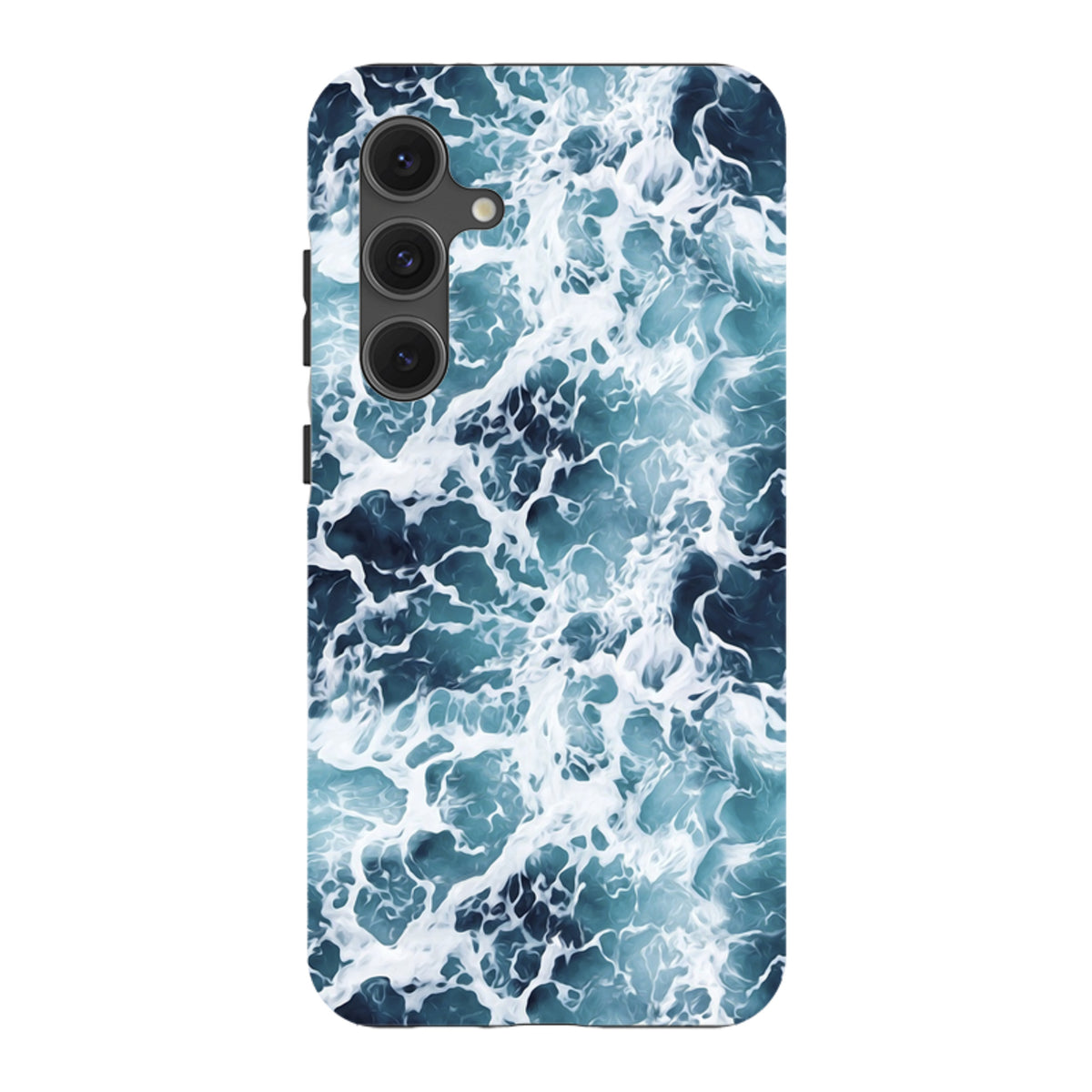 Samsung Galaxy tough case in aqua featuring a high-definition, dual-layer design with swirling ocean wave patterns.