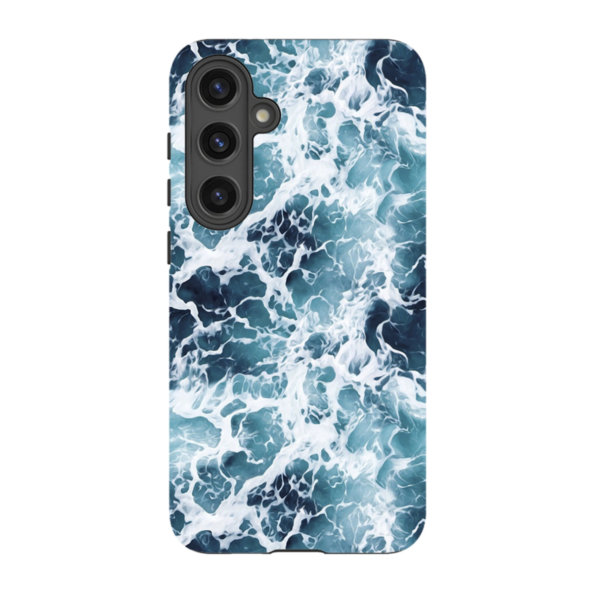 Samsung Tough Case in Aqua featuring a high-definition, dual-layer design with a vibrant blue ocean wave pattern.
