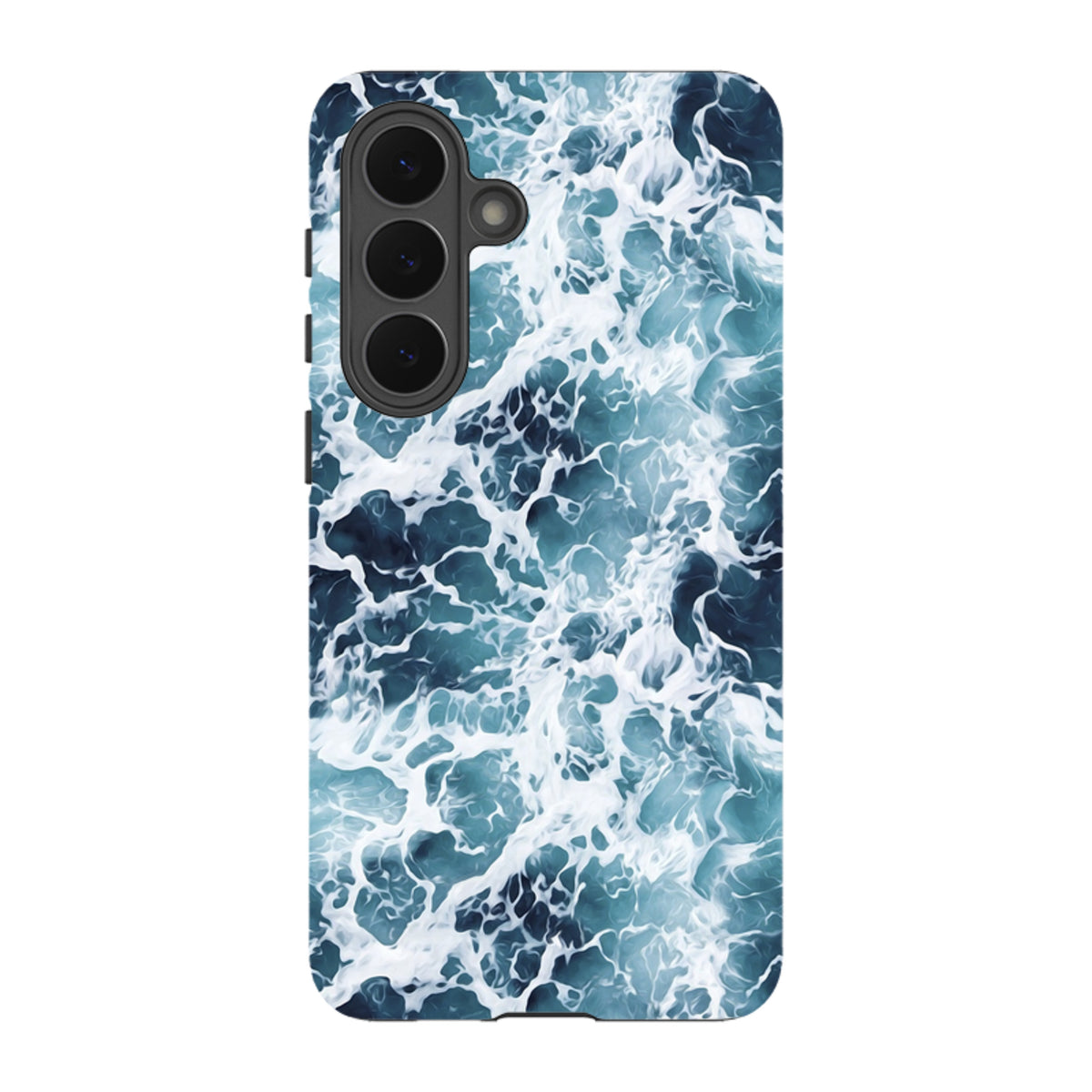 Samsung Tough Case in Aqua featuring a high-definition, dual-layer design with a vibrant blue ocean wave pattern.