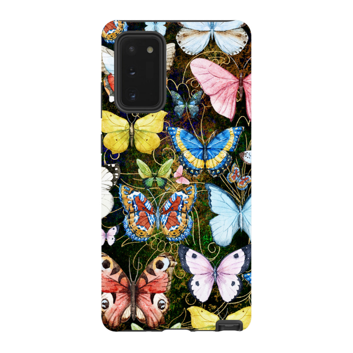 Samsung Tough Case featuring a vibrant, multi-colored butterfly pattern on a dark background with dual-layer protection.