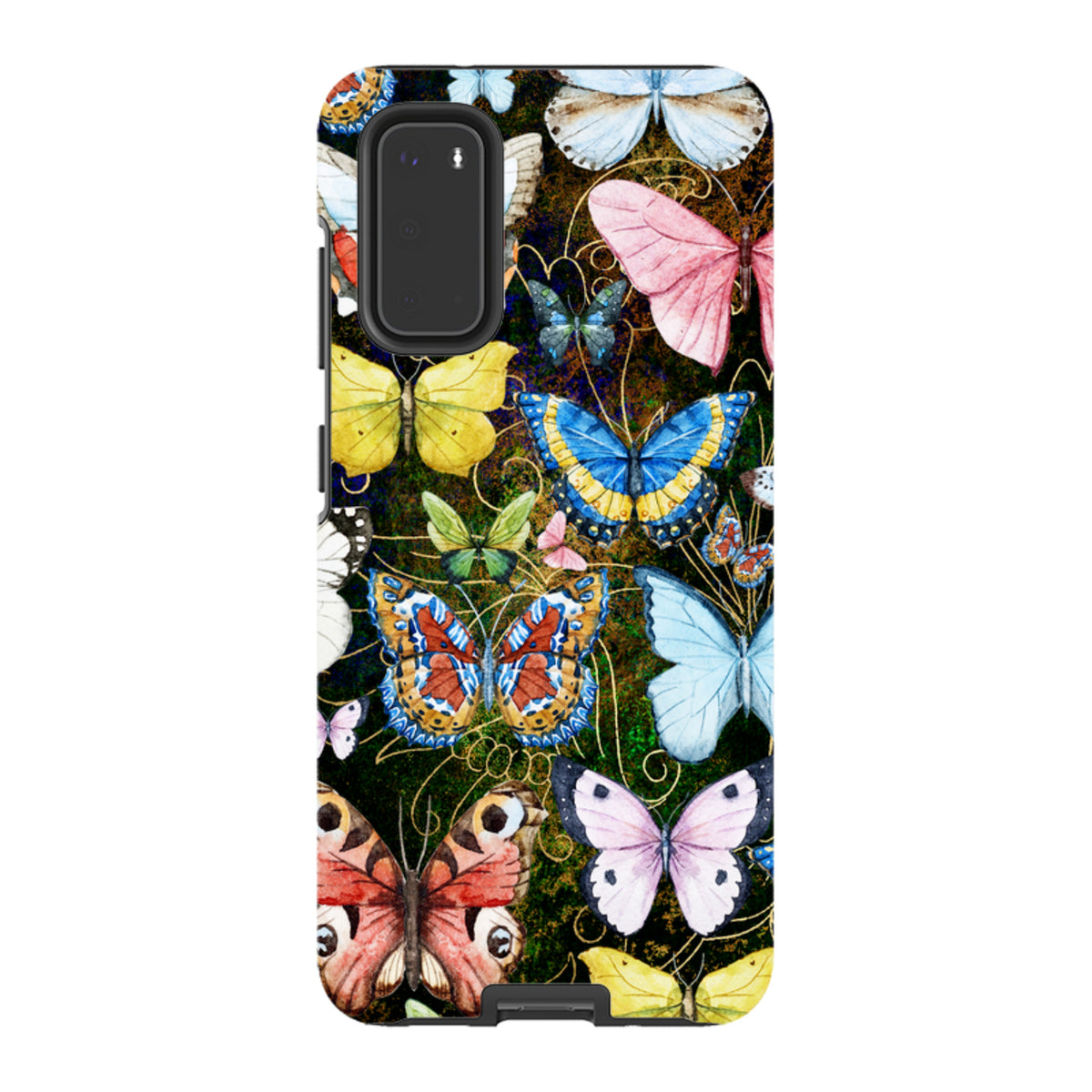 Samsung Tough Case featuring a vibrant, multi-colored butterfly pattern on a dark, textured background.