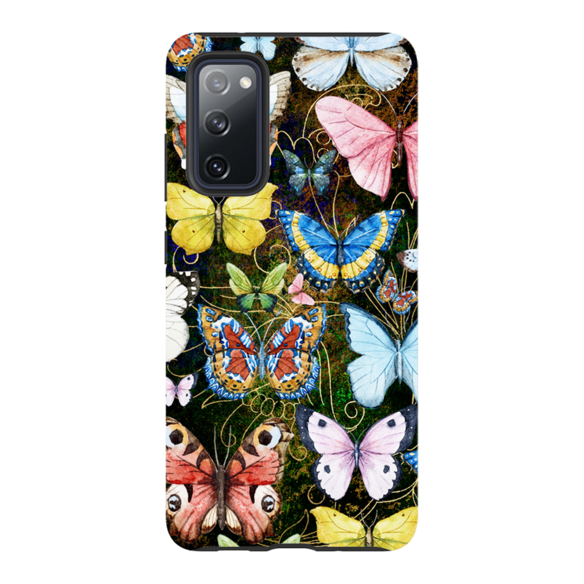 Samsung Tough Case featuring a vibrant, multi-colored butterfly pattern on a dark background with dual-layer protection.
