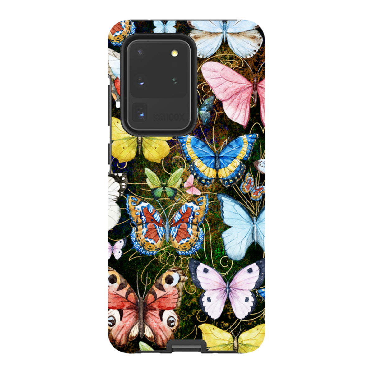 Samsung Tough Case featuring a vibrant, multi-colored butterfly pattern on a dark, textured background for Galaxy phones.