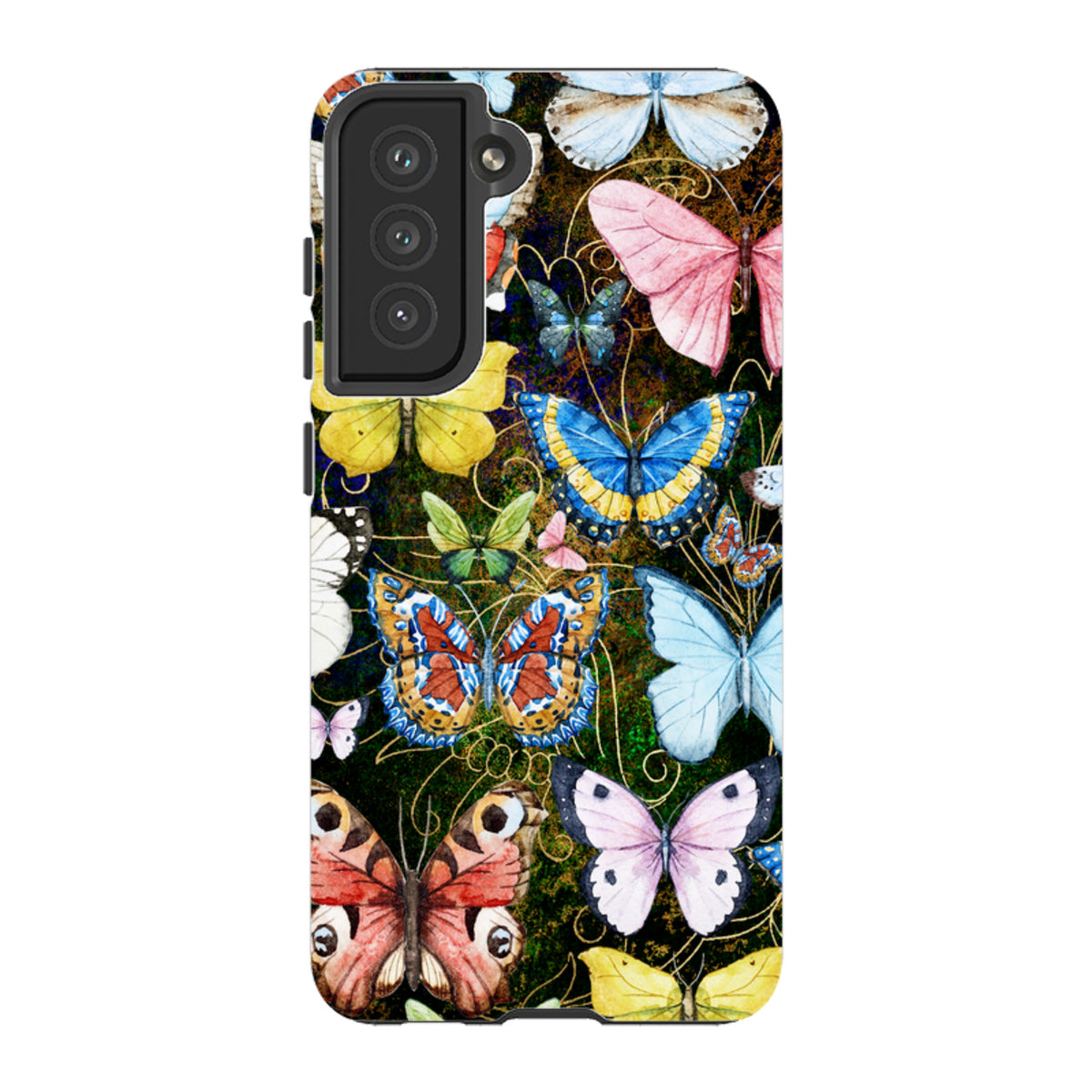 Samsung Tough Case featuring a vibrant, multi-colored butterfly pattern on a dark background with dual-layer protection.