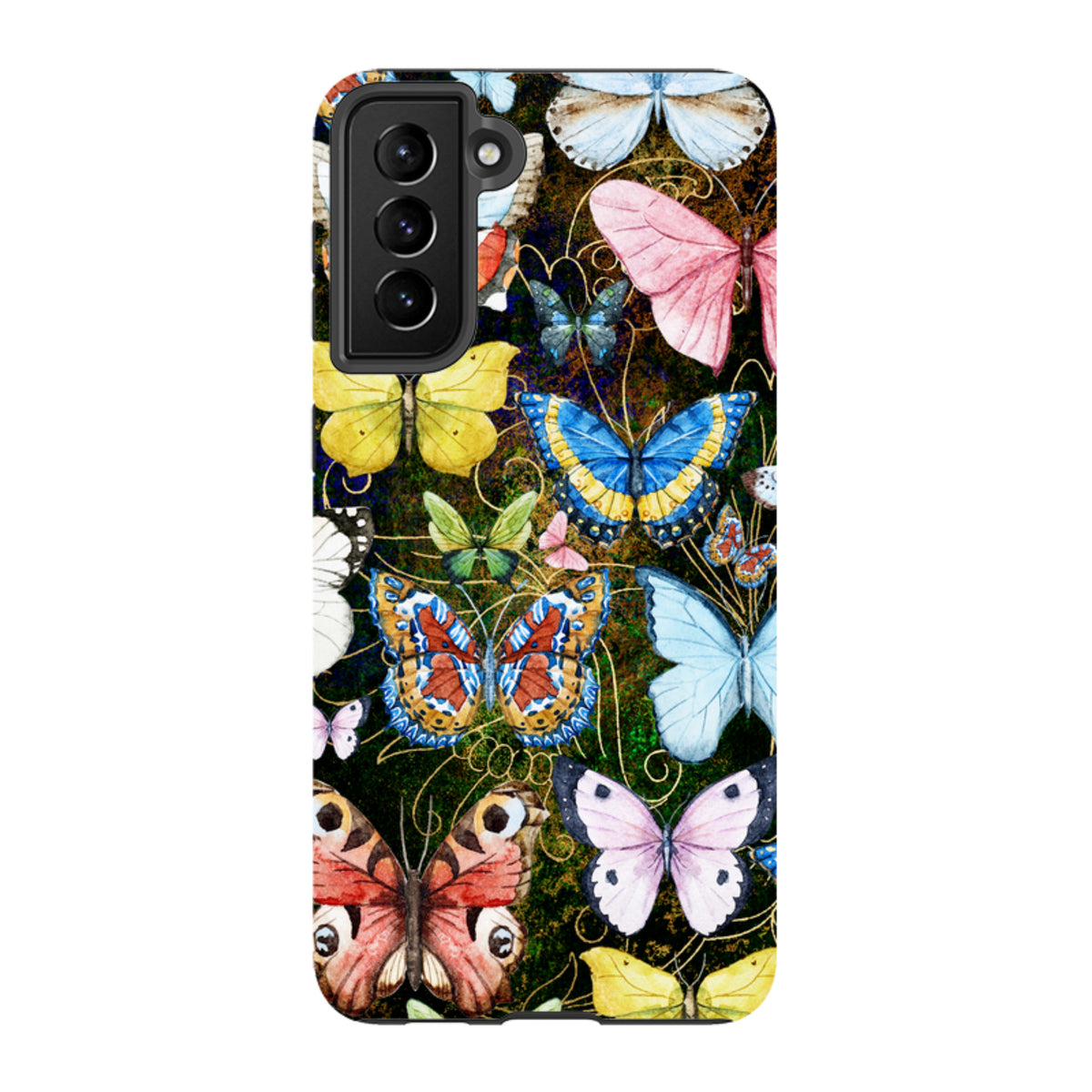 Samsung Tough Case featuring a vibrant, multi-colored butterfly pattern on a dark background with dual-layer protection.