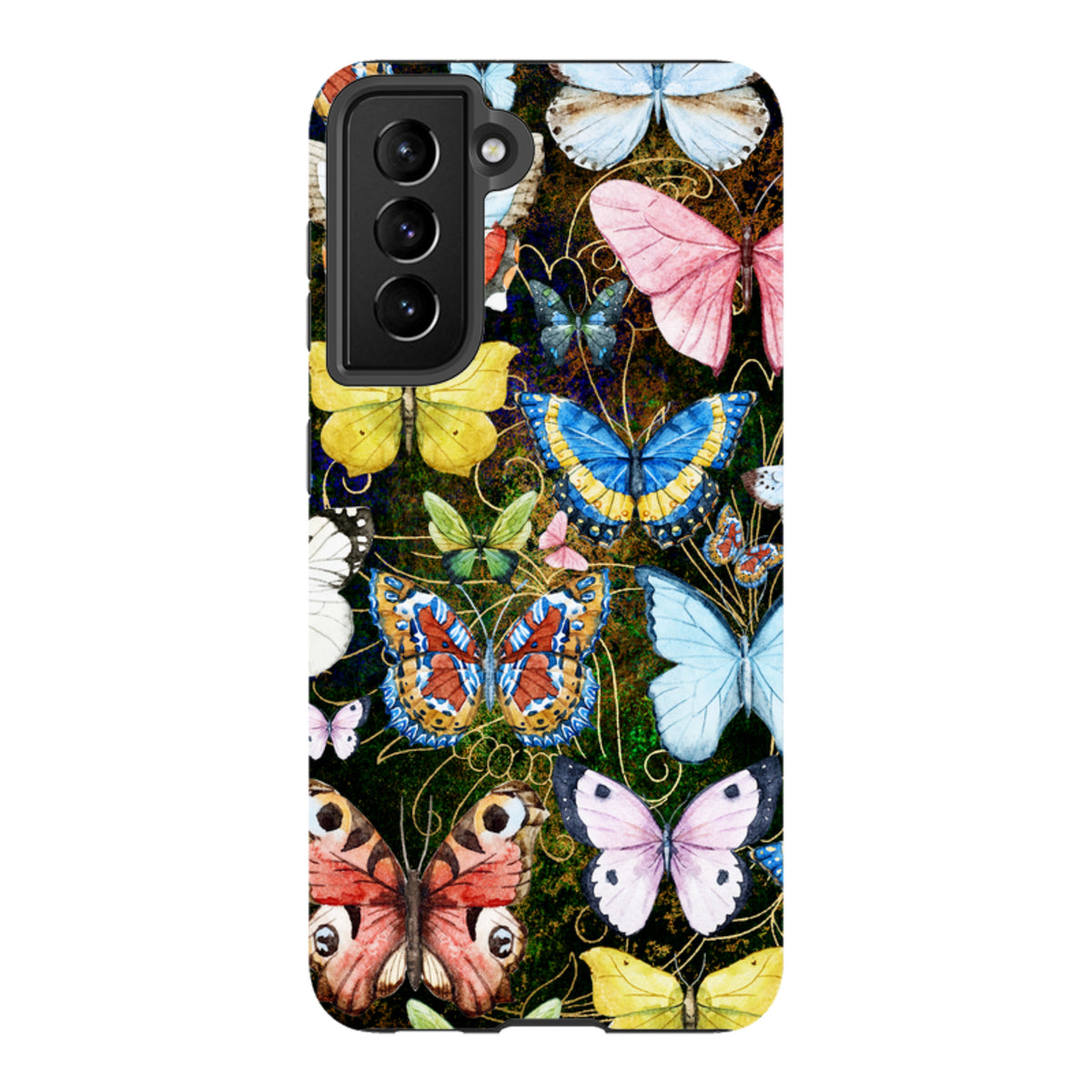 Samsung Tough Case featuring a vibrant, multi-colored butterfly pattern on a dark, textured background.