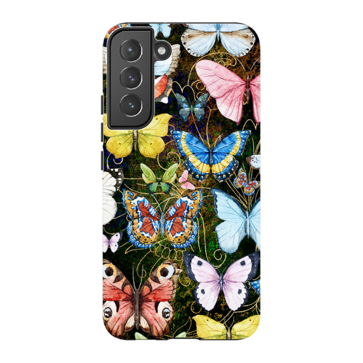 Samsung Tough Case featuring a vibrant, multi-colored butterfly pattern on a dark background with dual-layer protection.
