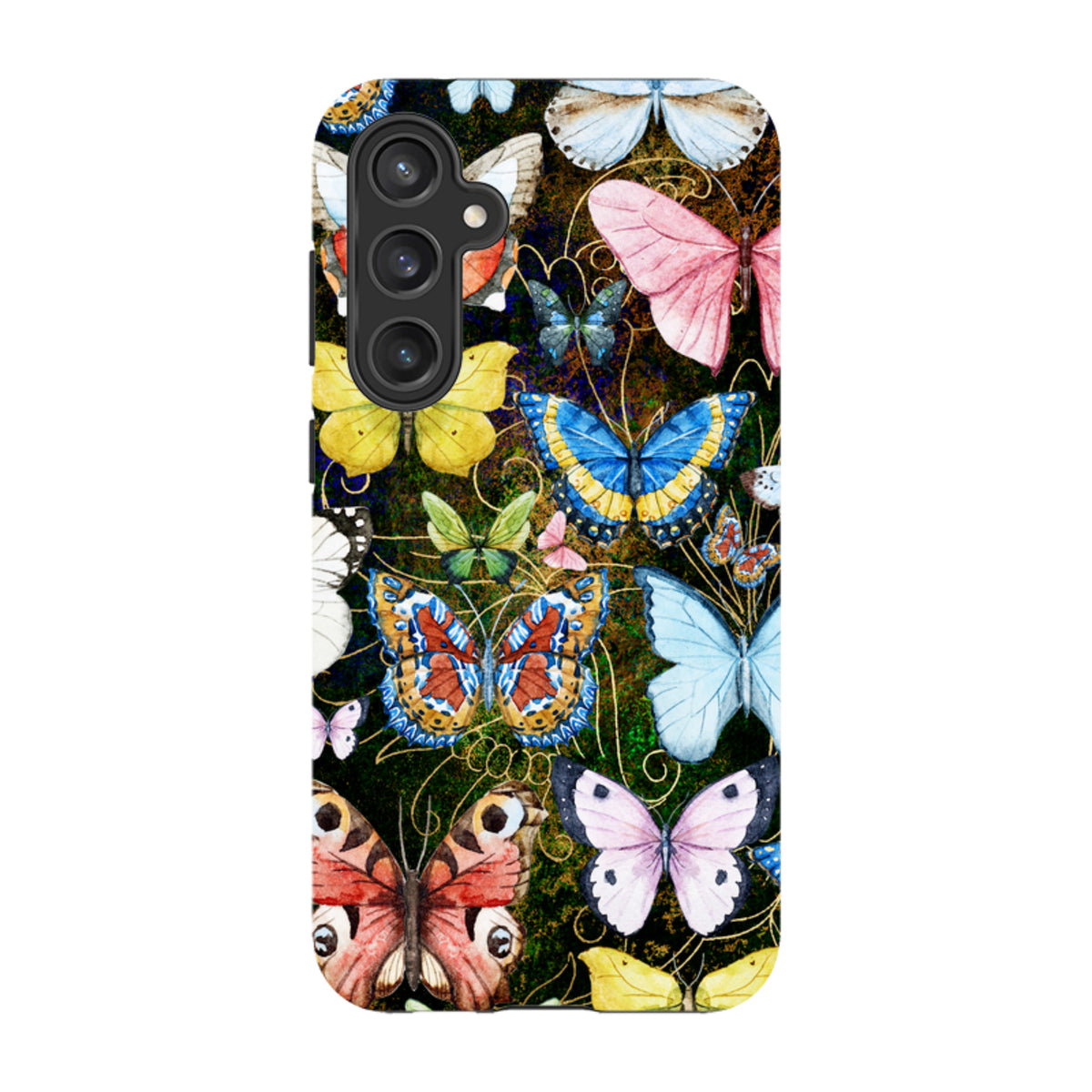 Samsung Tough Case featuring a vibrant, multi-colored butterfly pattern on a dark textured background.