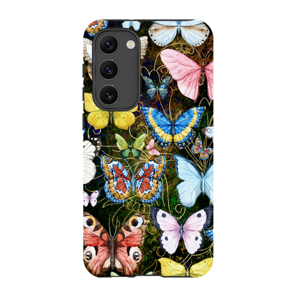 Samsung Tough Case featuring a vibrant, multi-colored butterfly pattern on a dark background with dual-layer protection.