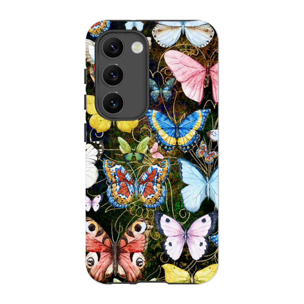 Samsung Tough Case featuring a vibrant, multi-colored butterfly pattern on a dark, textured background.