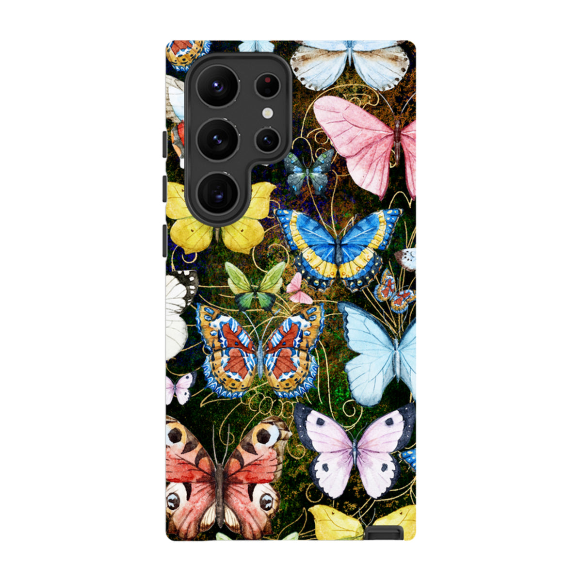 Samsung Tough Case featuring a vibrant, multi-colored butterfly art print on a dark, textured background.