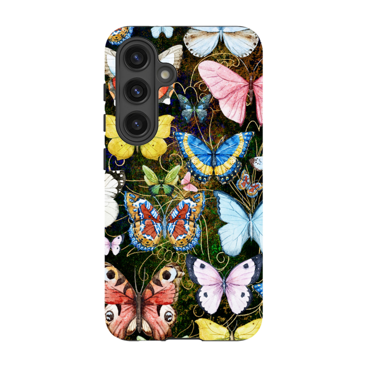 Samsung Tough Case featuring a vibrant, multi-colored butterfly pattern on a dark background with a triple-lens camera cutout.