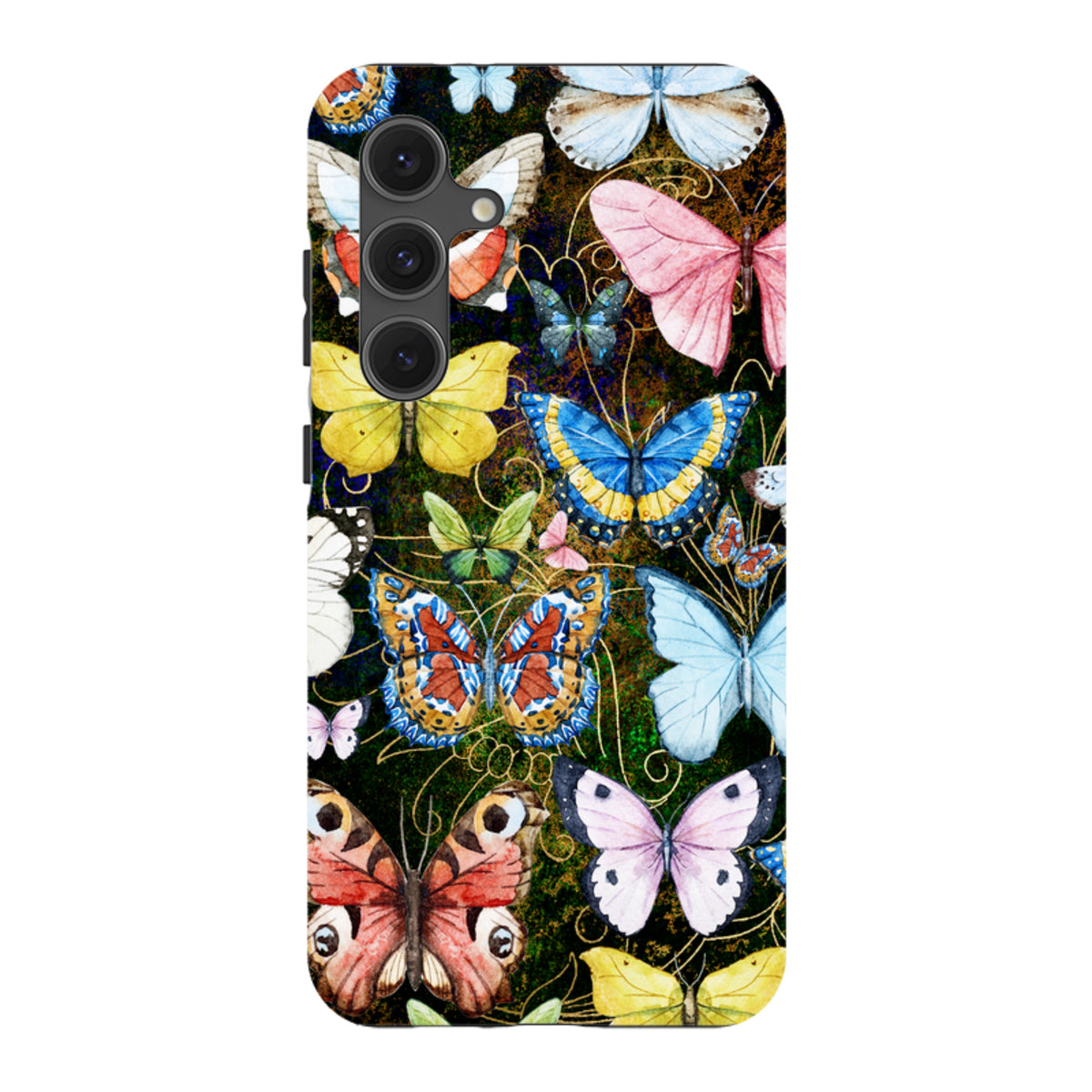 Samsung Tough Case featuring a vibrant, multi-colored butterfly pattern on a dark background with dual-layer protection.