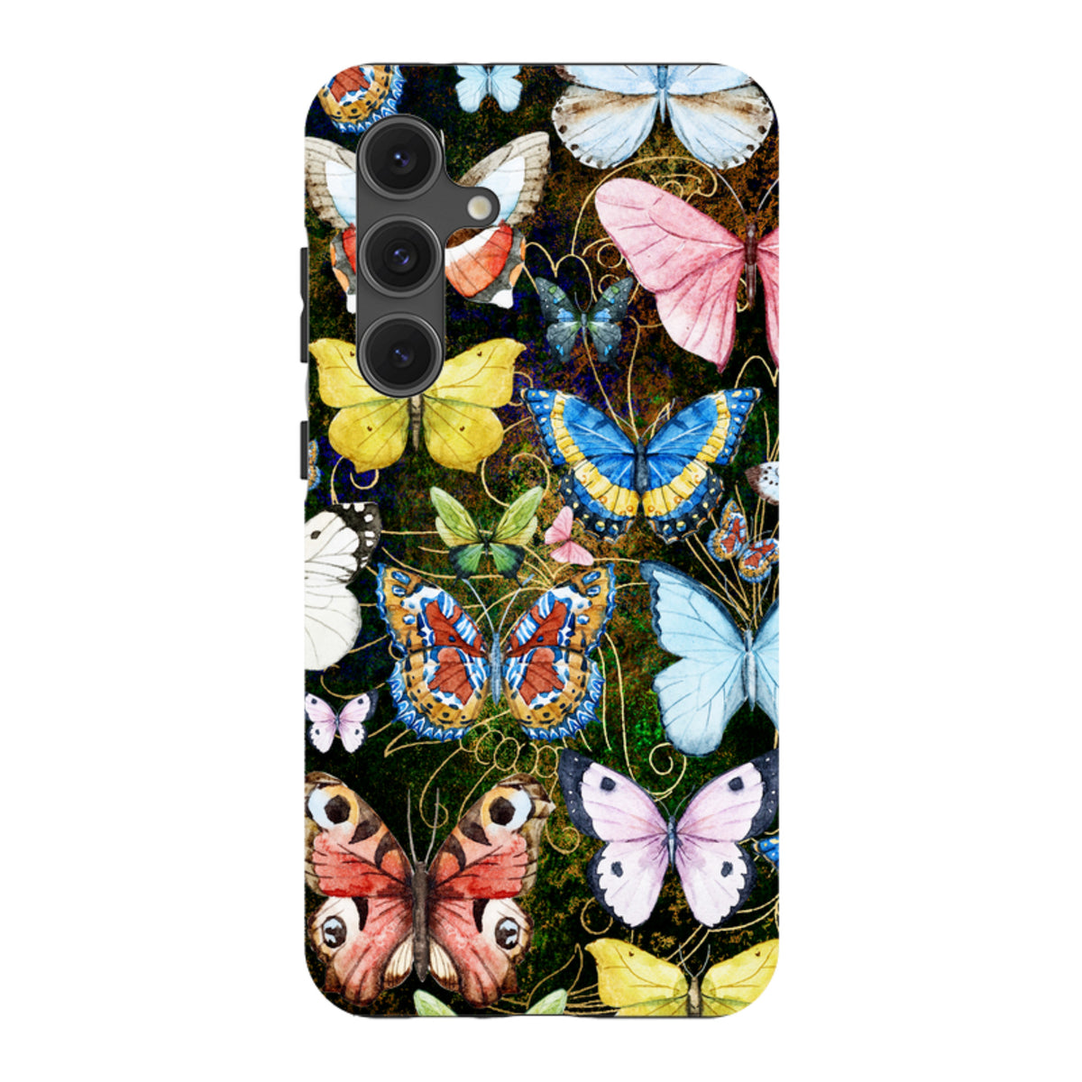 Samsung Tough Case featuring a vibrant, multi-colored butterfly pattern on a dark, textured background.