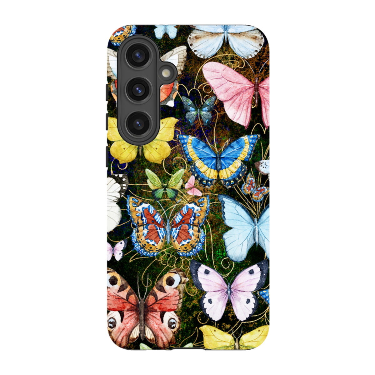 Samsung Tough Case featuring a vibrant, multi-colored butterfly pattern on a dark background with dual-layer protection.