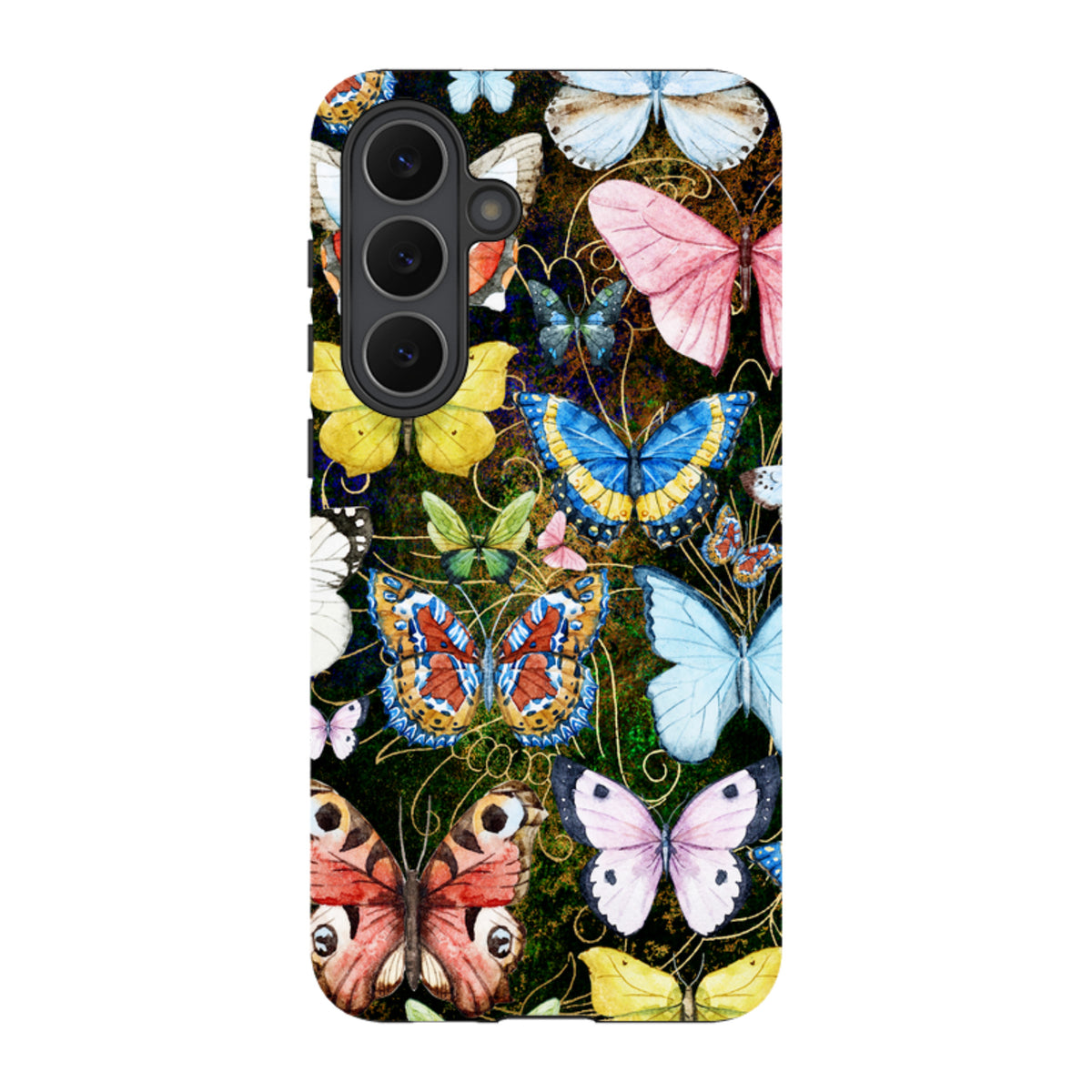 Samsung Tough Case featuring a vibrant, multi-colored butterfly pattern on a dark background with dual-layer protection.