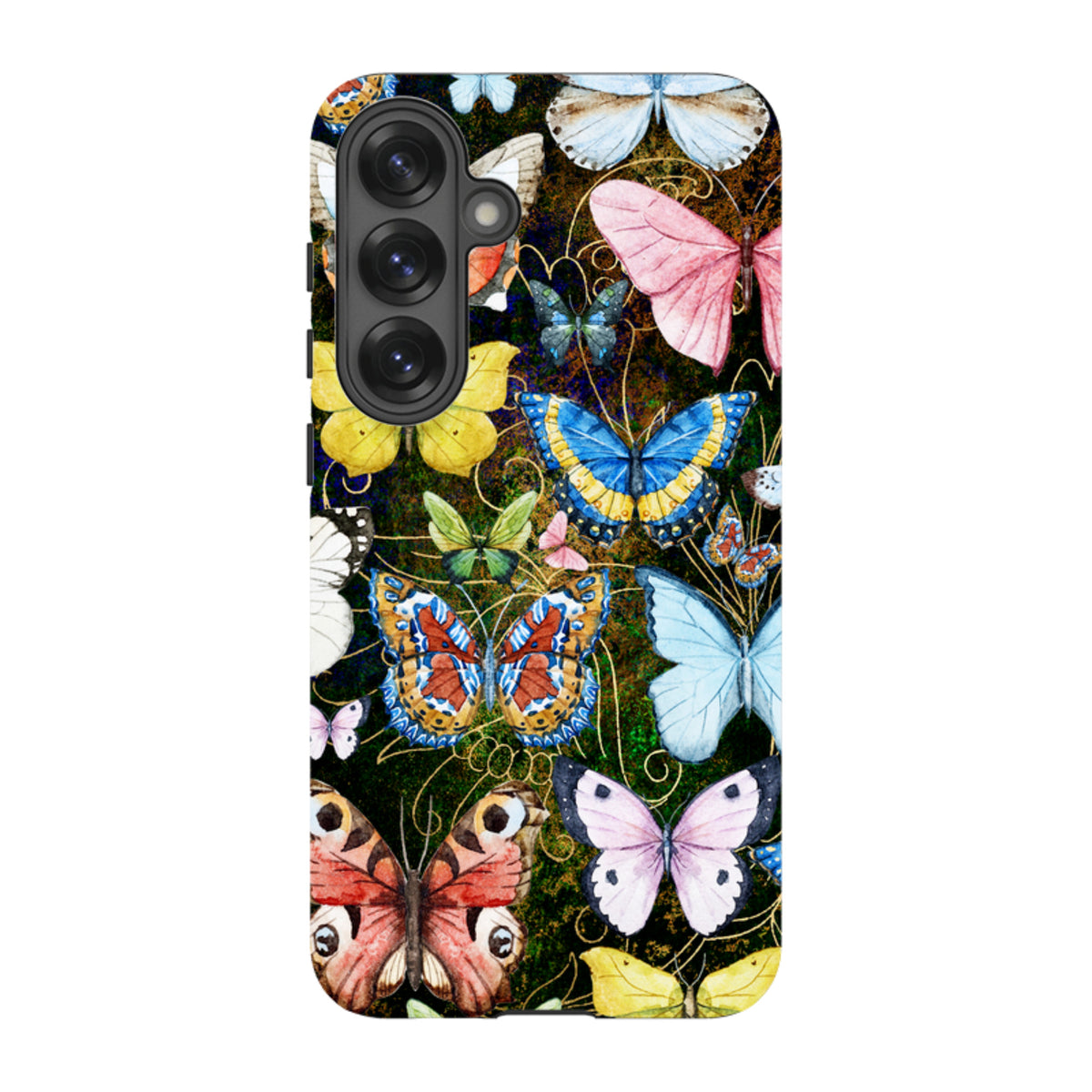 Samsung Tough Case featuring a vibrant, multi-colored butterfly pattern on a dark background with dual-layer protection.