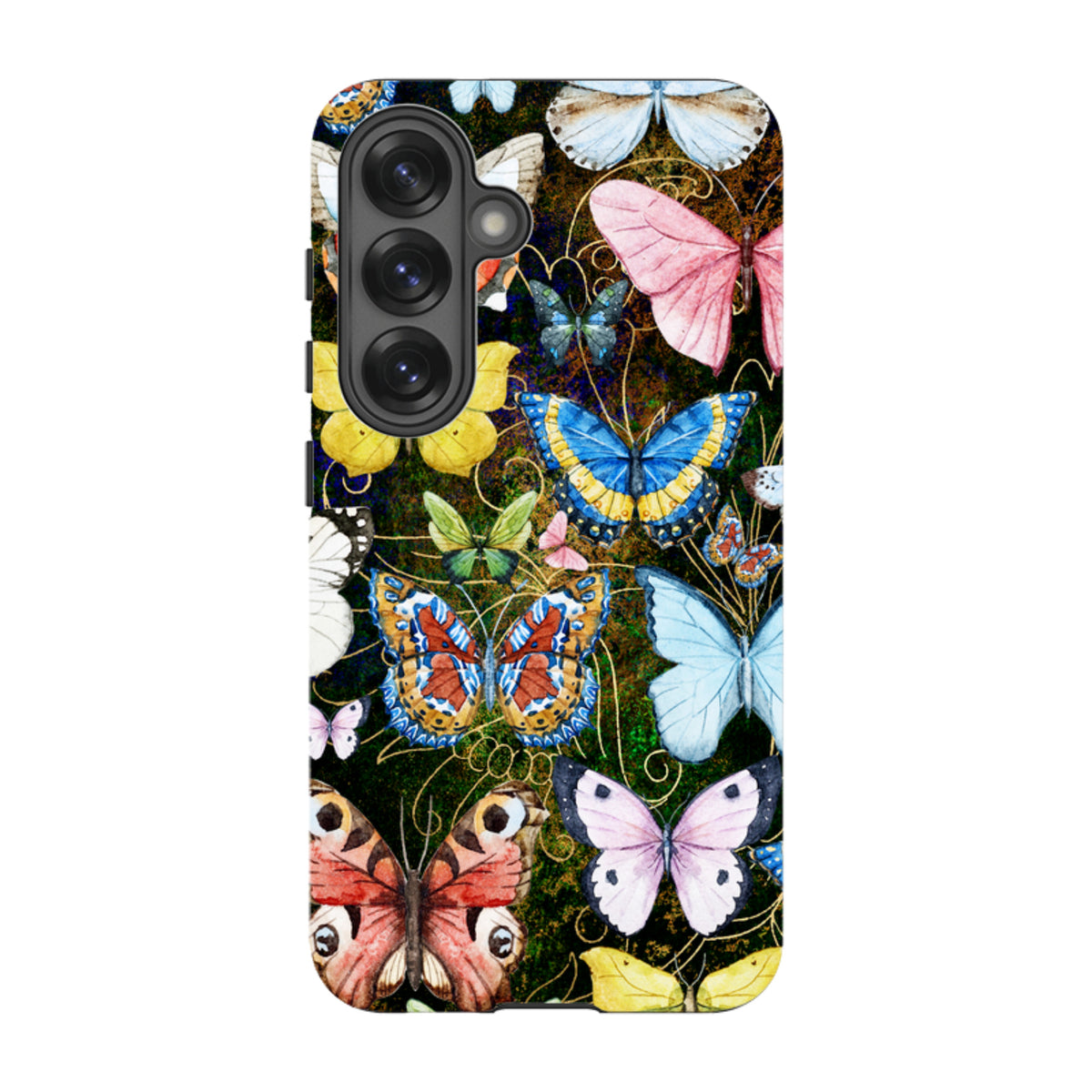 Samsung Tough Case featuring a vibrant, multi-colored butterfly pattern on a dark background with dual-layer protection.
