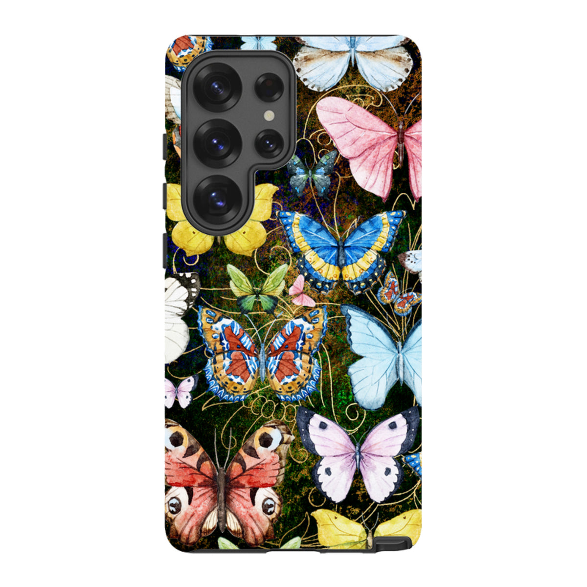 Samsung Tough Case featuring a vibrant, multi-colored butterfly pattern on a dark background with dual-layer protection.