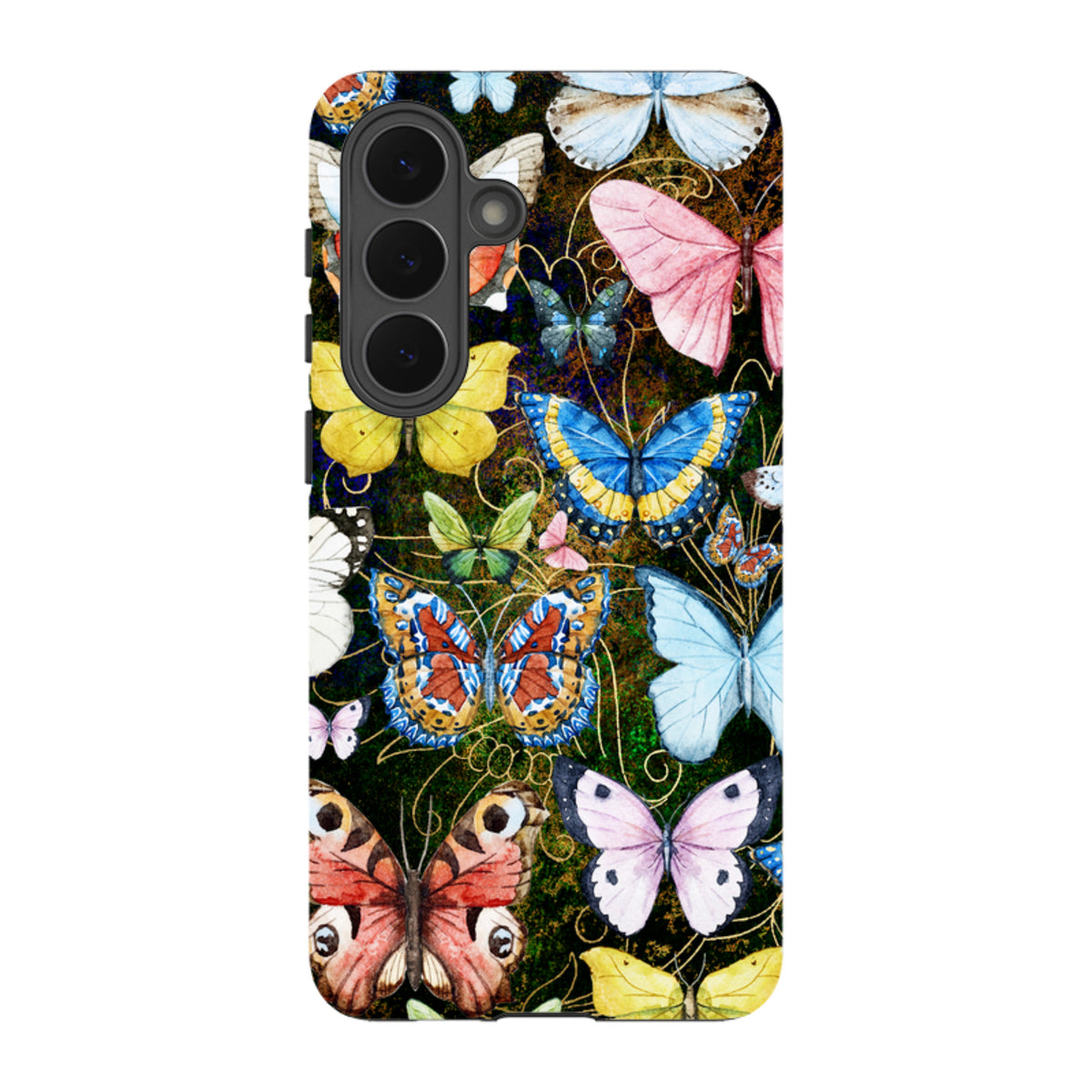 Samsung Tough Case featuring a vibrant, multi-colored butterfly pattern on a dark background with dual-layer protection.