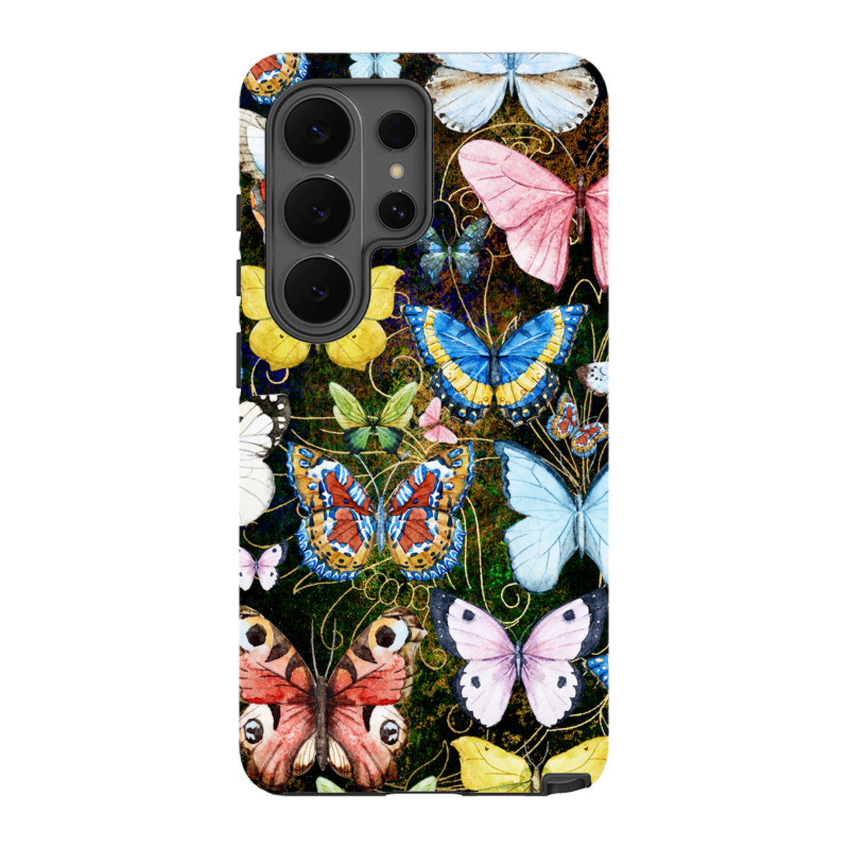 Samsung Tough Case with vibrant, multi-colored butterfly artwork on a dark, textured background for Galaxy devices.