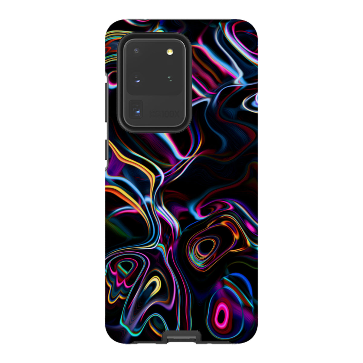 Samsung Tough Case featuring vibrant neon abstract swirls on a black background with a dual-layer protective design.