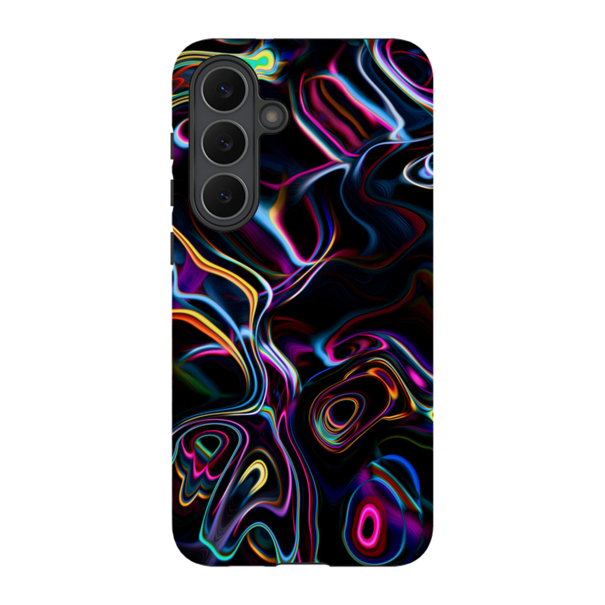 Samsung Tough Case featuring a vibrant, abstract neon swirl design on a black background for Galaxy devices.