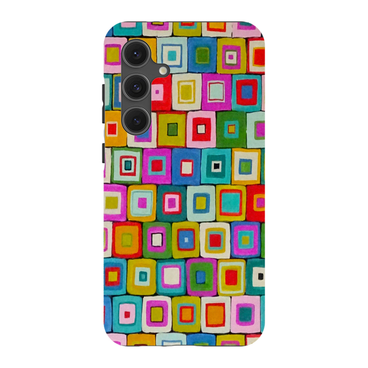 Samsung Tough Case featuring a vibrant, multicolored square pattern by Sarah Campbell with a triple-lens camera cutout.