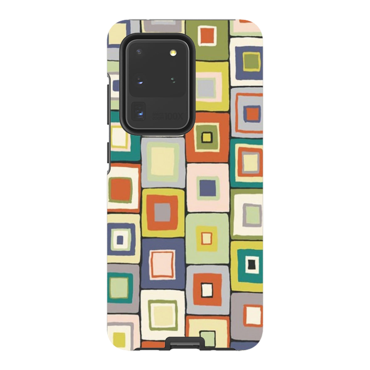 Samsung Tough Case featuring a colorful geometric square pattern by Sarah Campbell for Galaxy phones.