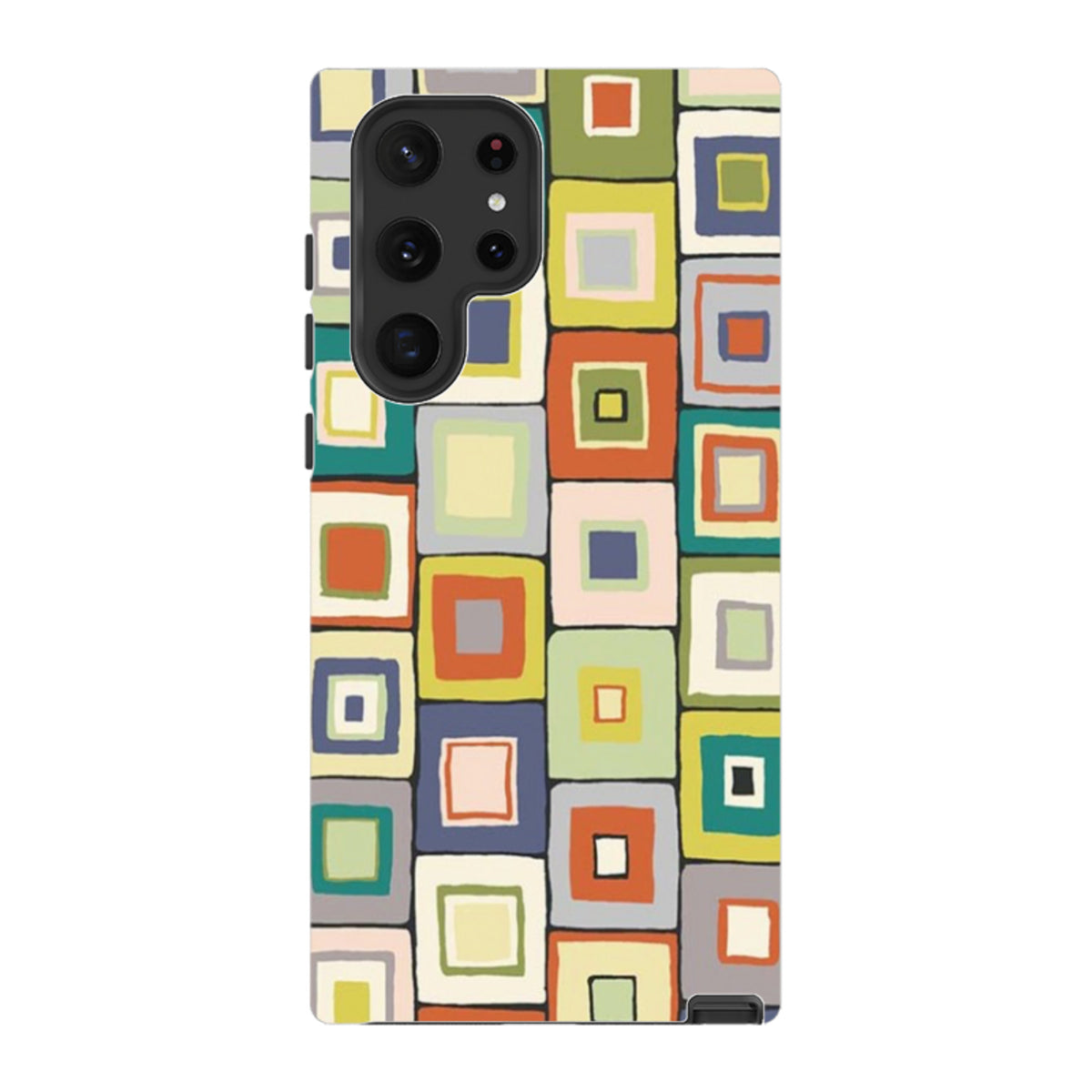Samsung tough phone case featuring a colorful, geometric square pattern by Sarah Campbell with a matte finish.