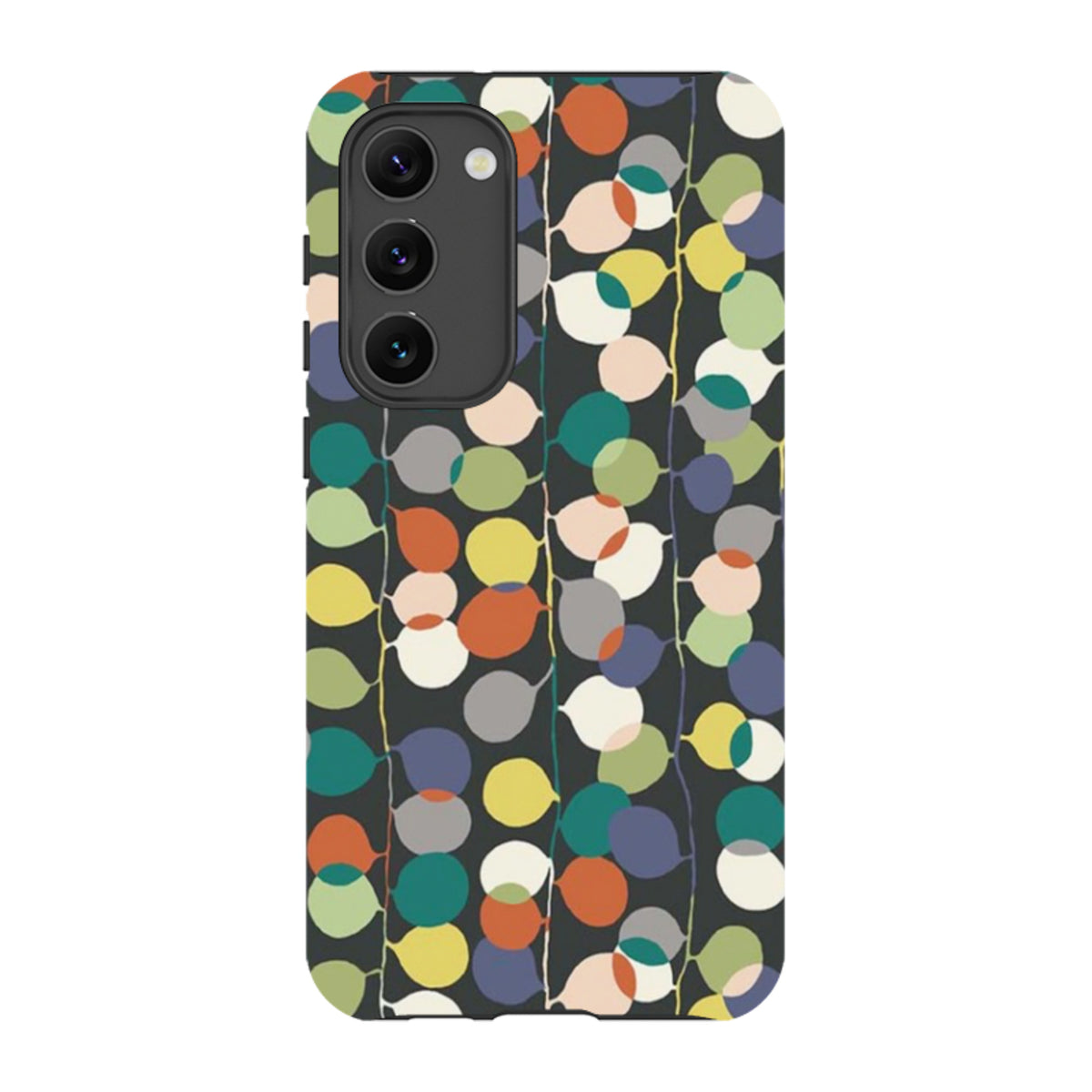 Samsung Galaxy tough case with a colorful, overlapping circular fairylights pattern on a dark background.