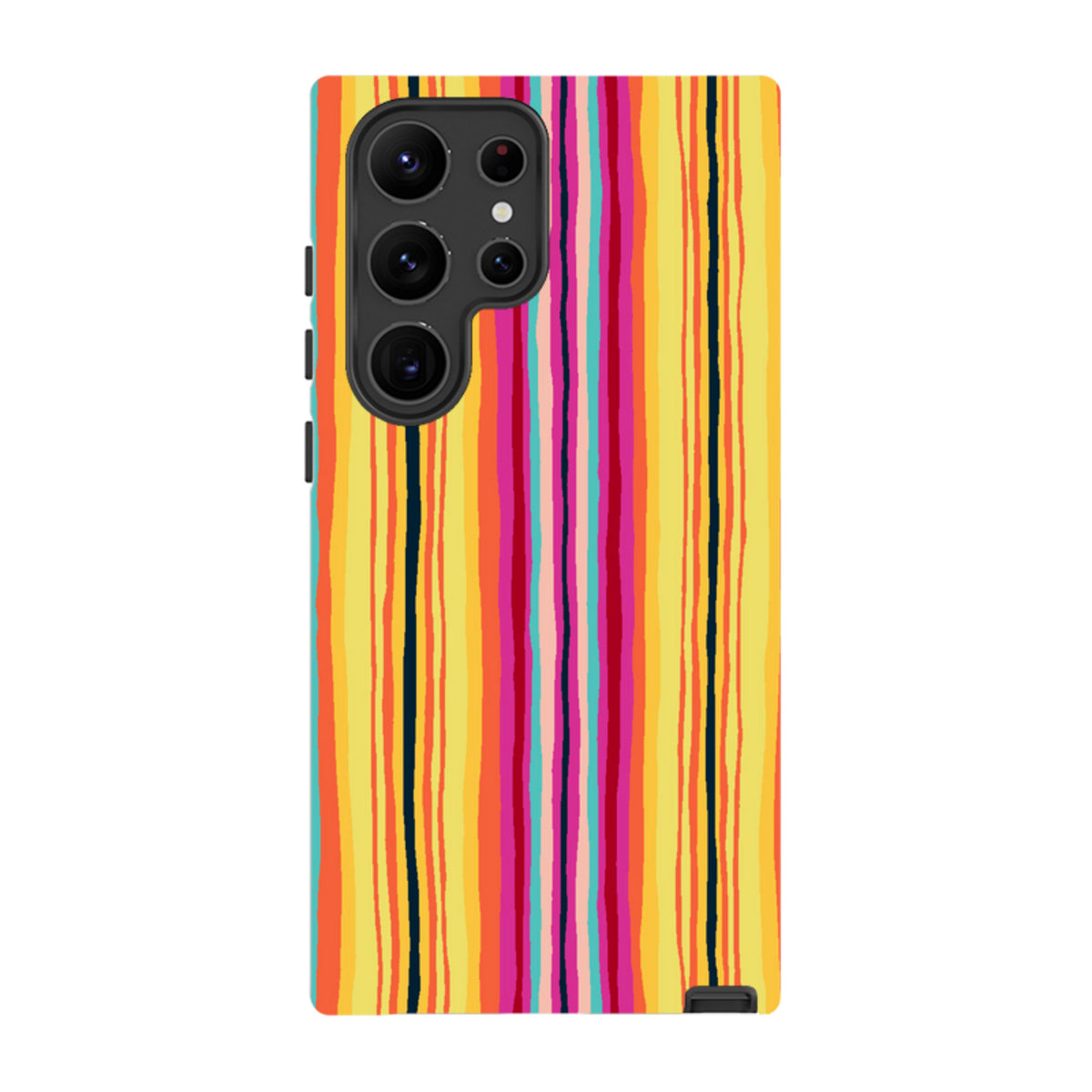 Samsung Tough Case featuring Sarah Campbell’s vibrant, multi-colored vertical stripe artwork on a durable dual-layer shell.