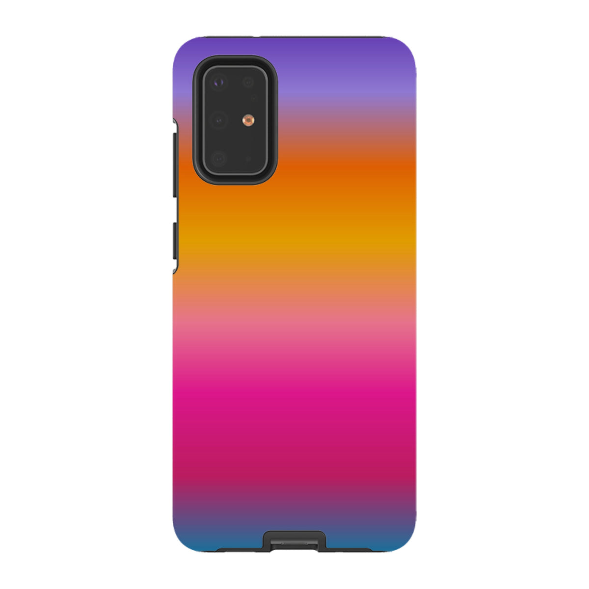 Samsung Tough Case featuring a vibrant, multi-colored gradient design in purple, orange, and pink for Galaxy devices.