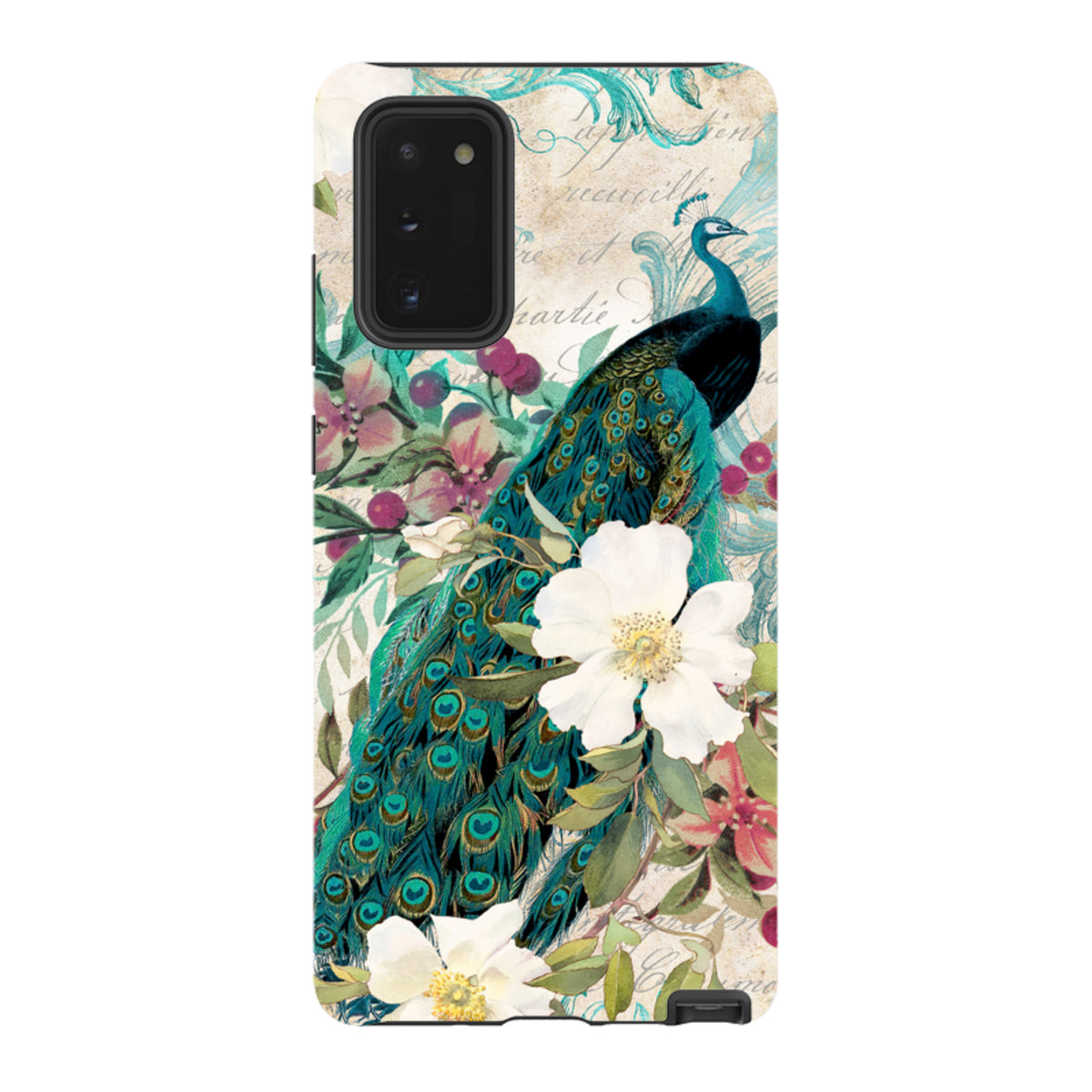 Samsung tough phone case featuring a vibrant peacock and white floral design on a vintage-style background.