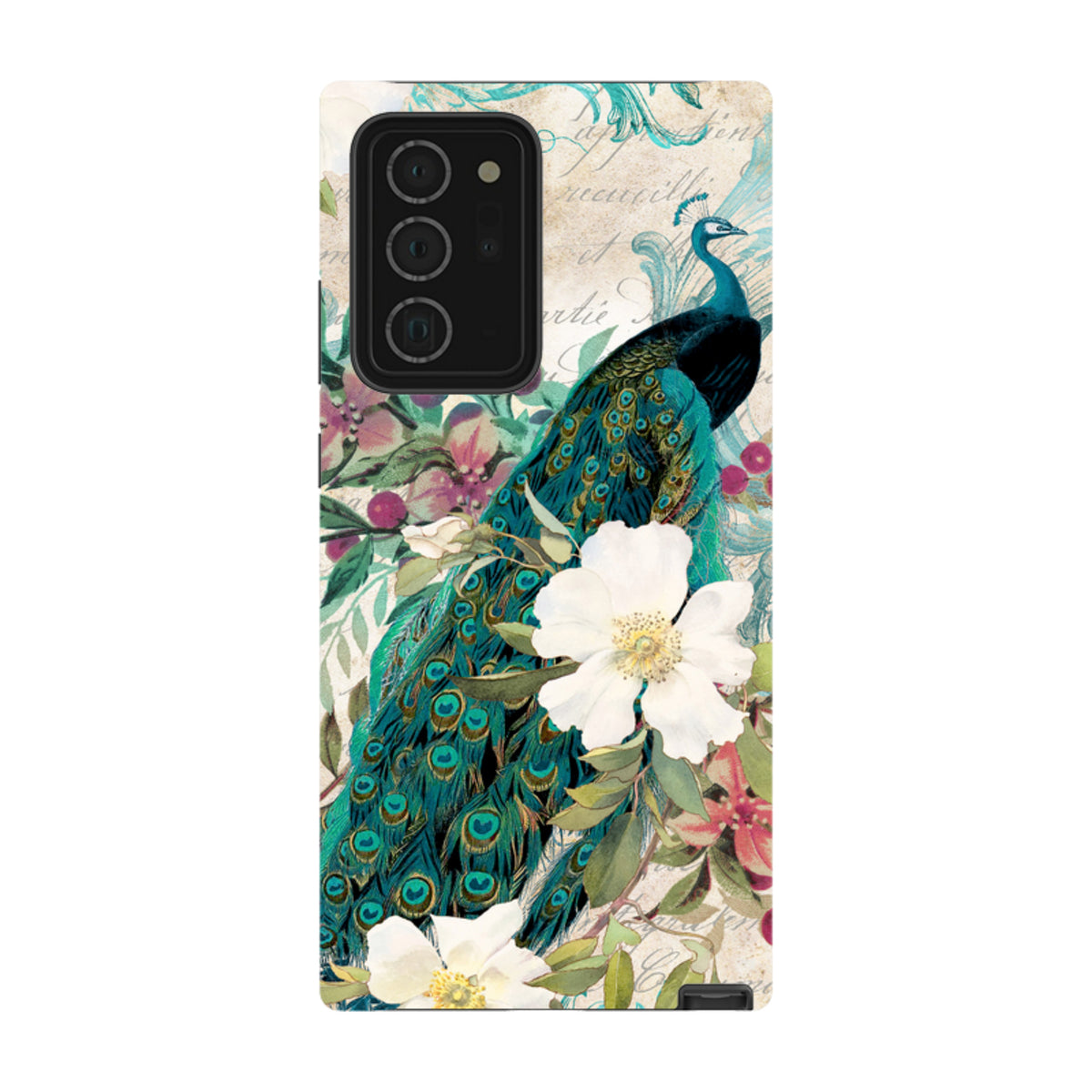 Samsung Tough Case featuring a vibrant peacock and white floral design on a vintage-style background with camera cutout.