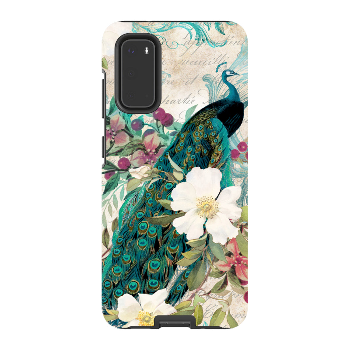 Samsung Tough Case featuring a vibrant peacock and floral artwork on a dual-layer protective shell with precise cutouts.