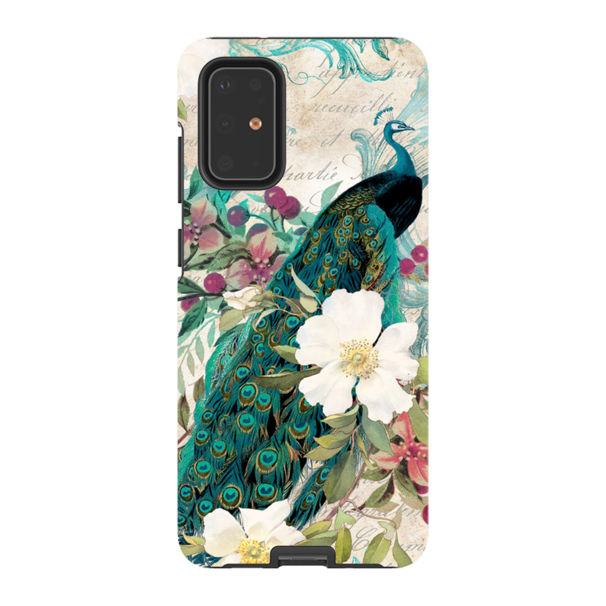 Samsung Tough Case featuring a vibrant peacock and white flower art print with a dual-layer protective design.
