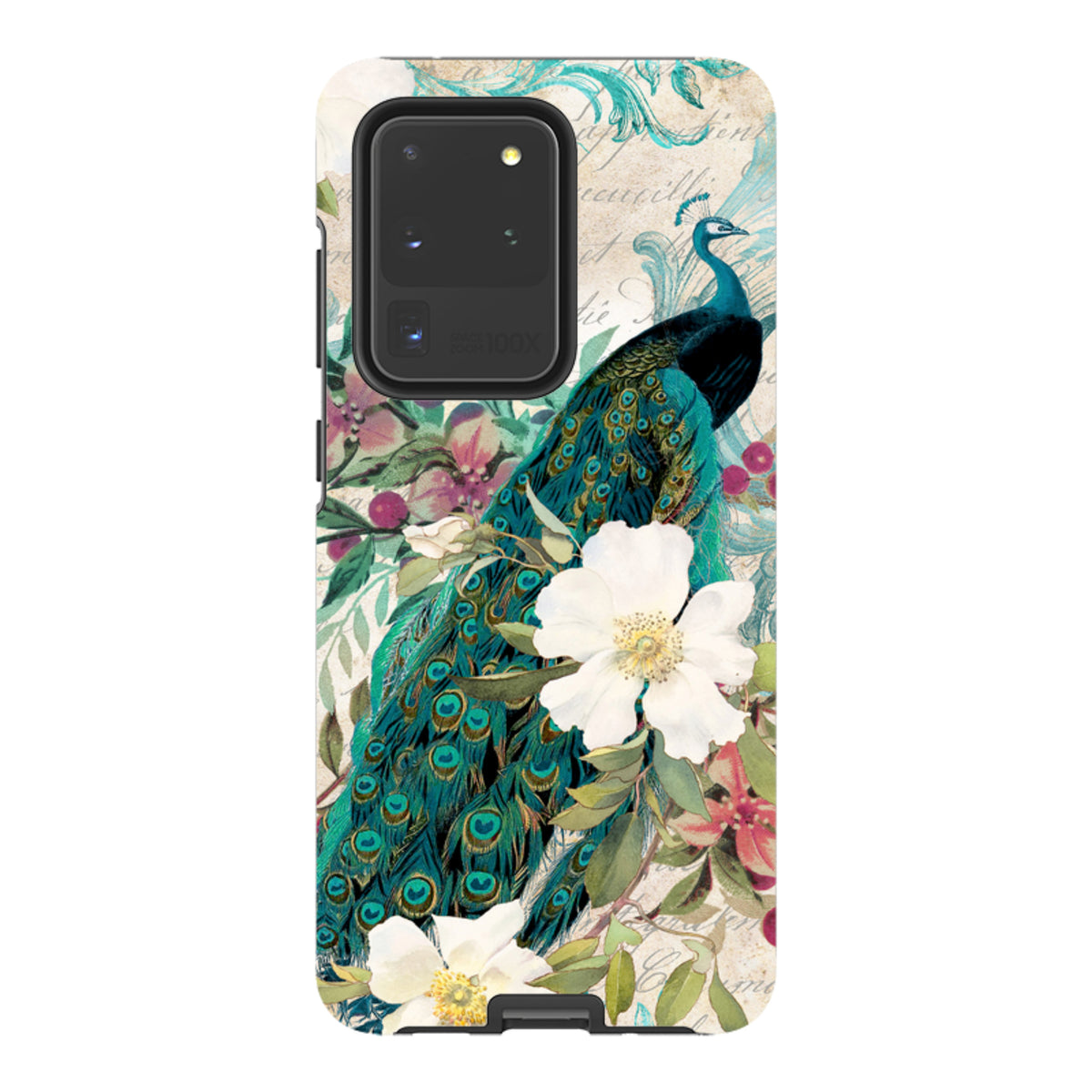 Samsung Tough Case featuring a vibrant peacock and white floral design on a vintage-style background with dual-layer protection.