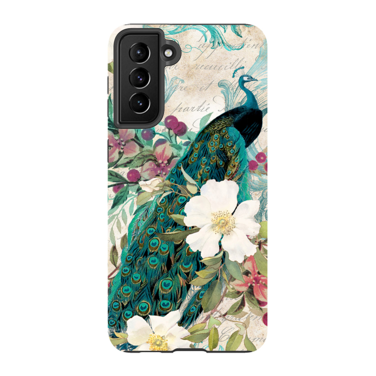Samsung Tough Case featuring a vibrant peacock and white floral design on a vintage-style background with dual-layer protection.